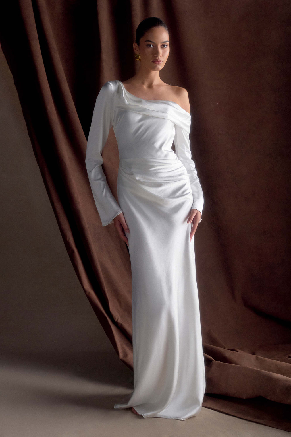 Long Sleeve Satin Maxi Dress - White