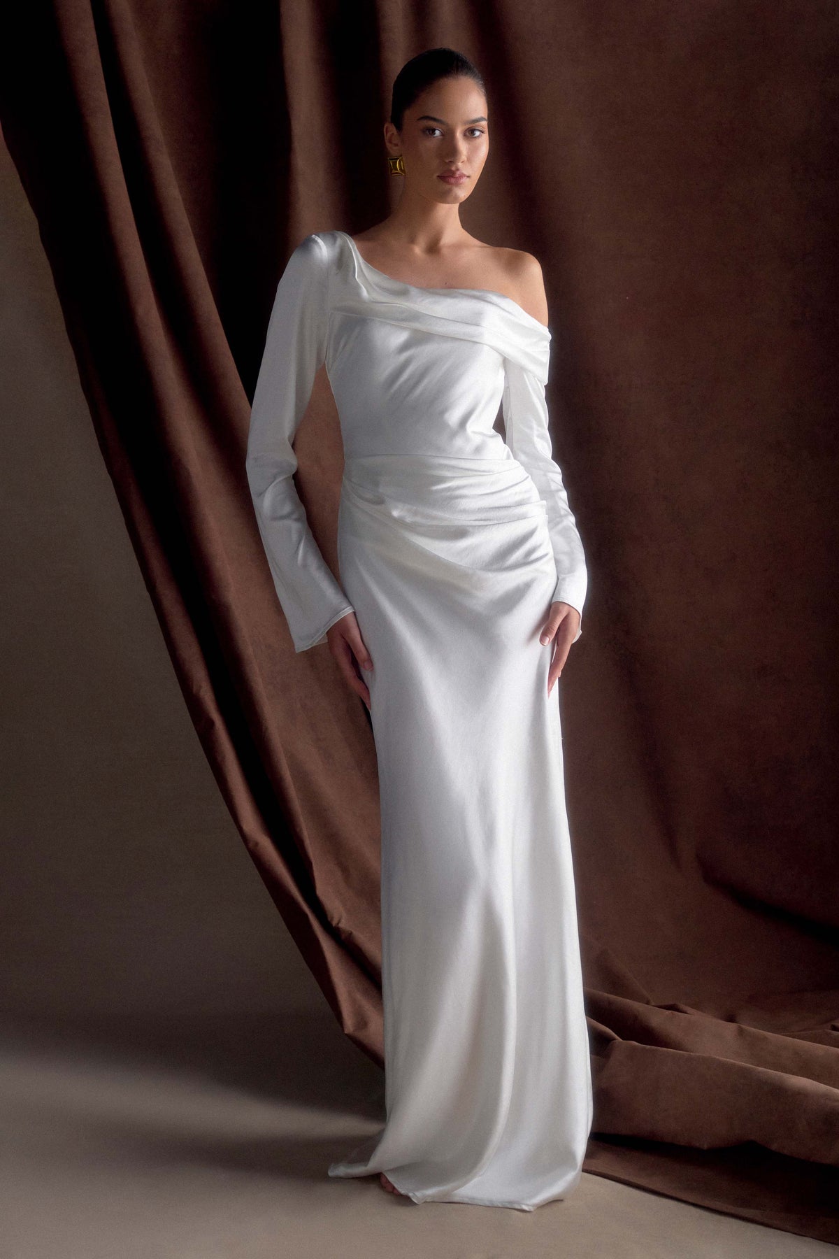 Long Sleeve Satin Maxi Dress - White