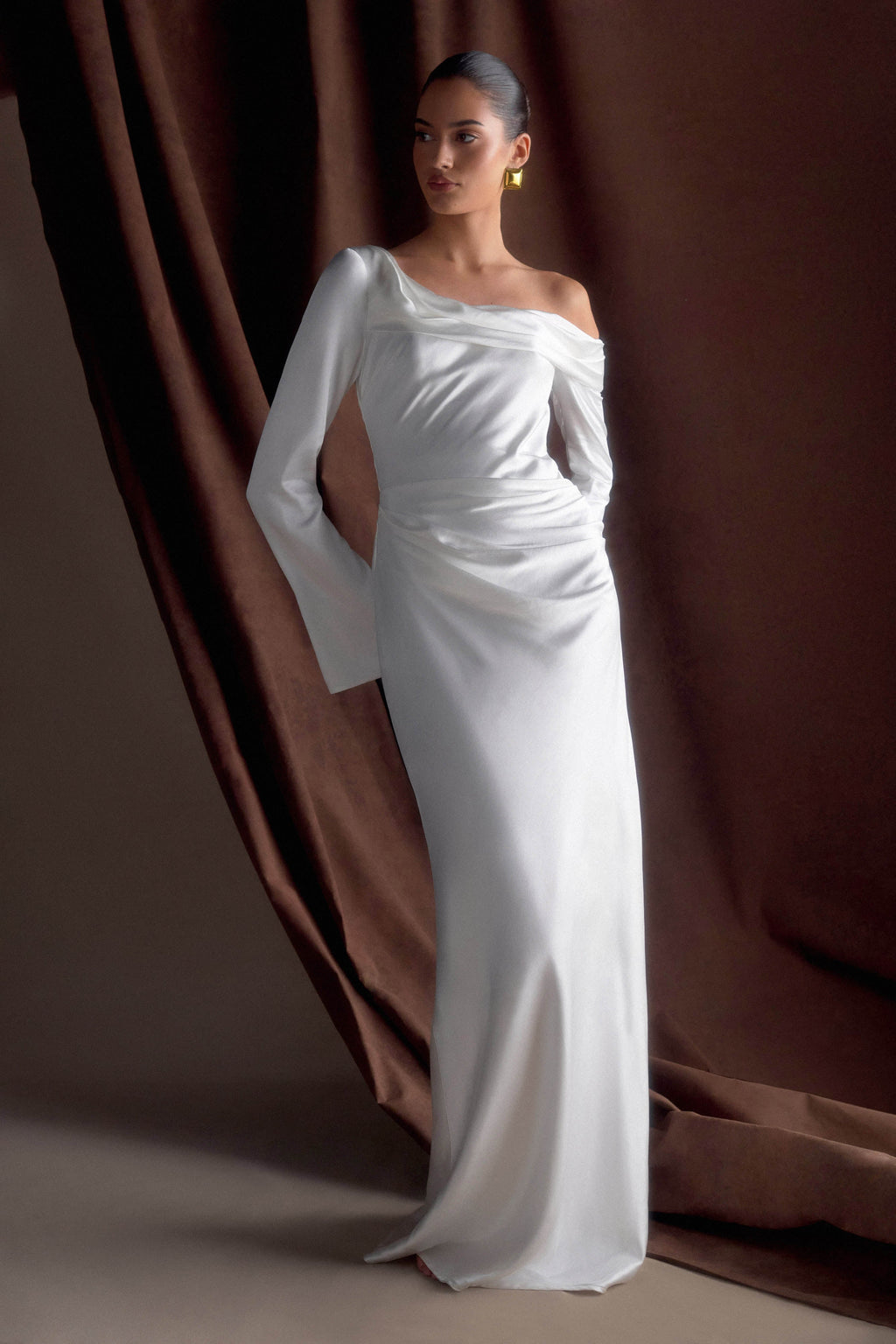Long Sleeve Satin Maxi Dress - White