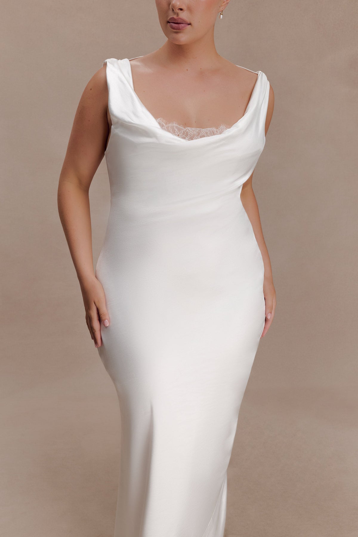Cowl Neck Lace And Satin Maxi Dress - Ivory