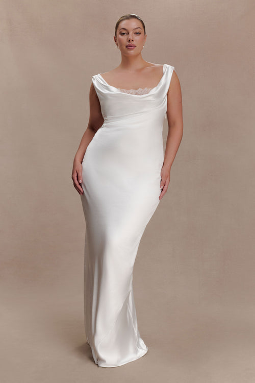Cowl Neck Lace And Satin Maxi Dress - Ivory