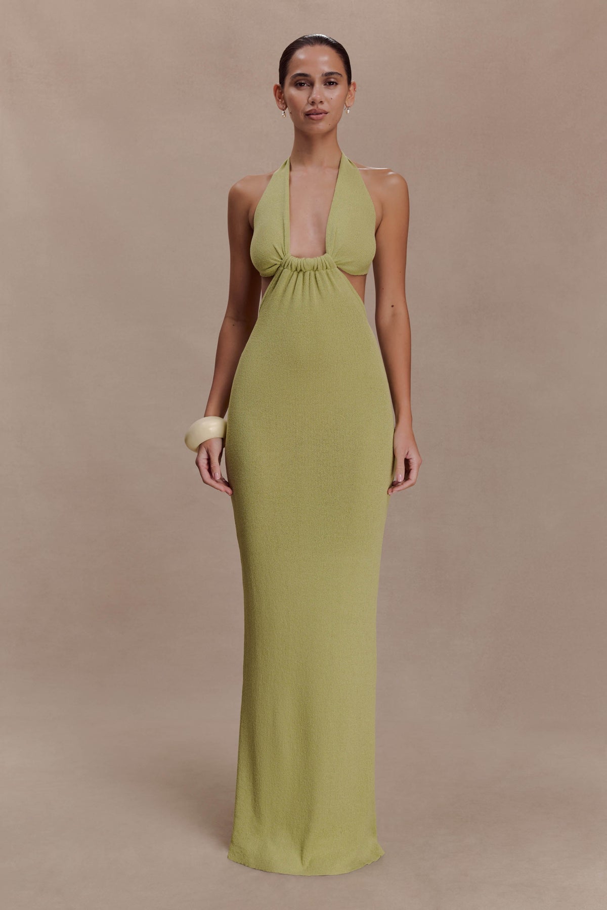 Halter Knit Maxi Dress - Light Olive