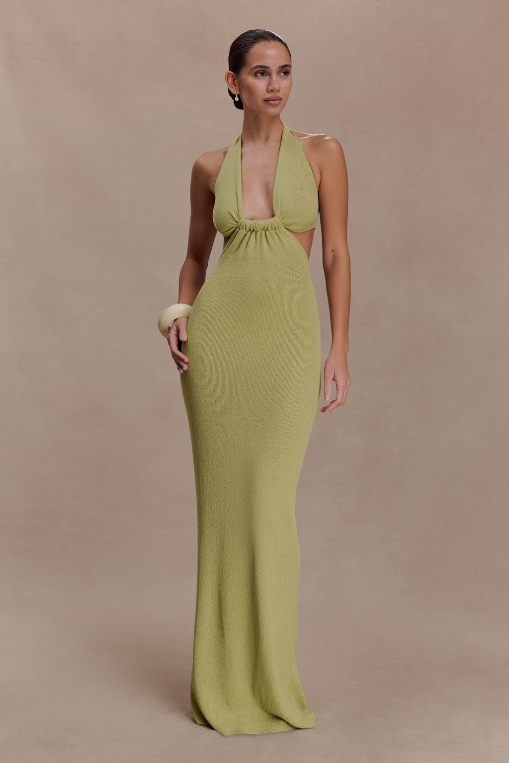 Halter Knit Maxi Dress - Light Olive
