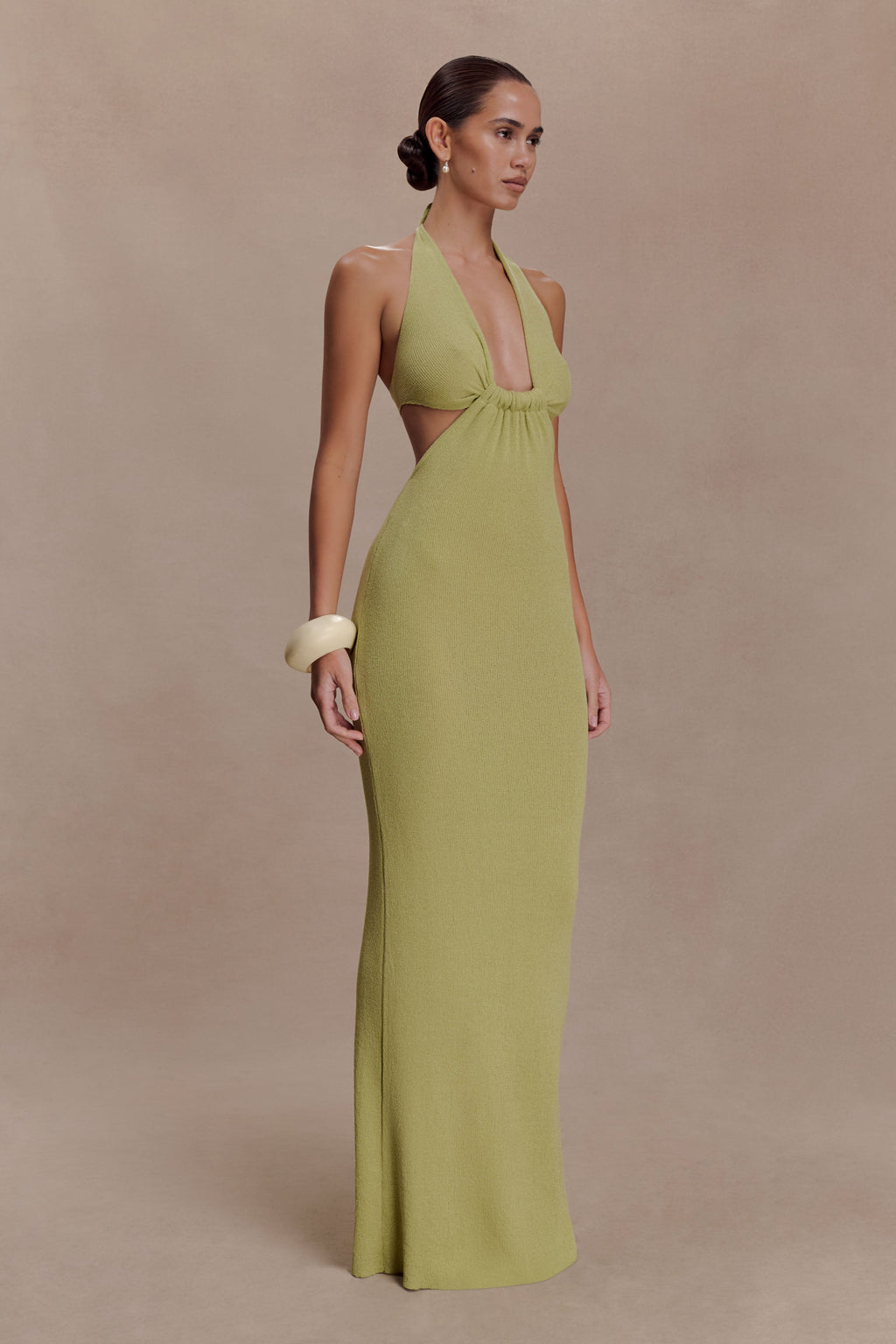 Halter Knit Maxi Dress - Light Olive