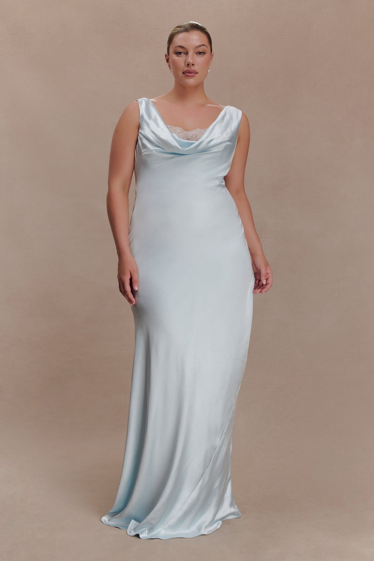 Cowl Neck Lace And Satin Maxi Dress - Ice Blue