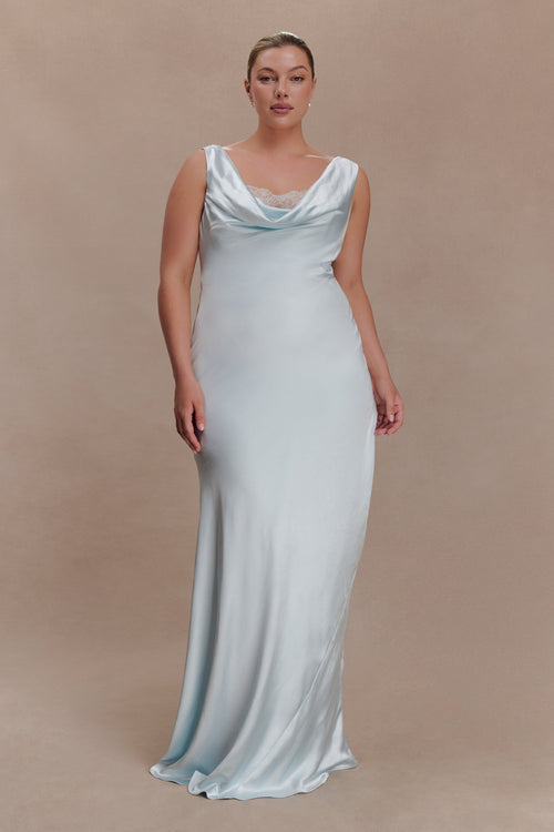 Cowl Neck Lace And Satin Maxi Dress - Ice Blue