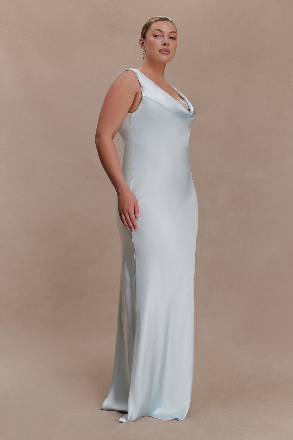 Cowl Neck Lace And Satin Maxi Dress - Ice Blue