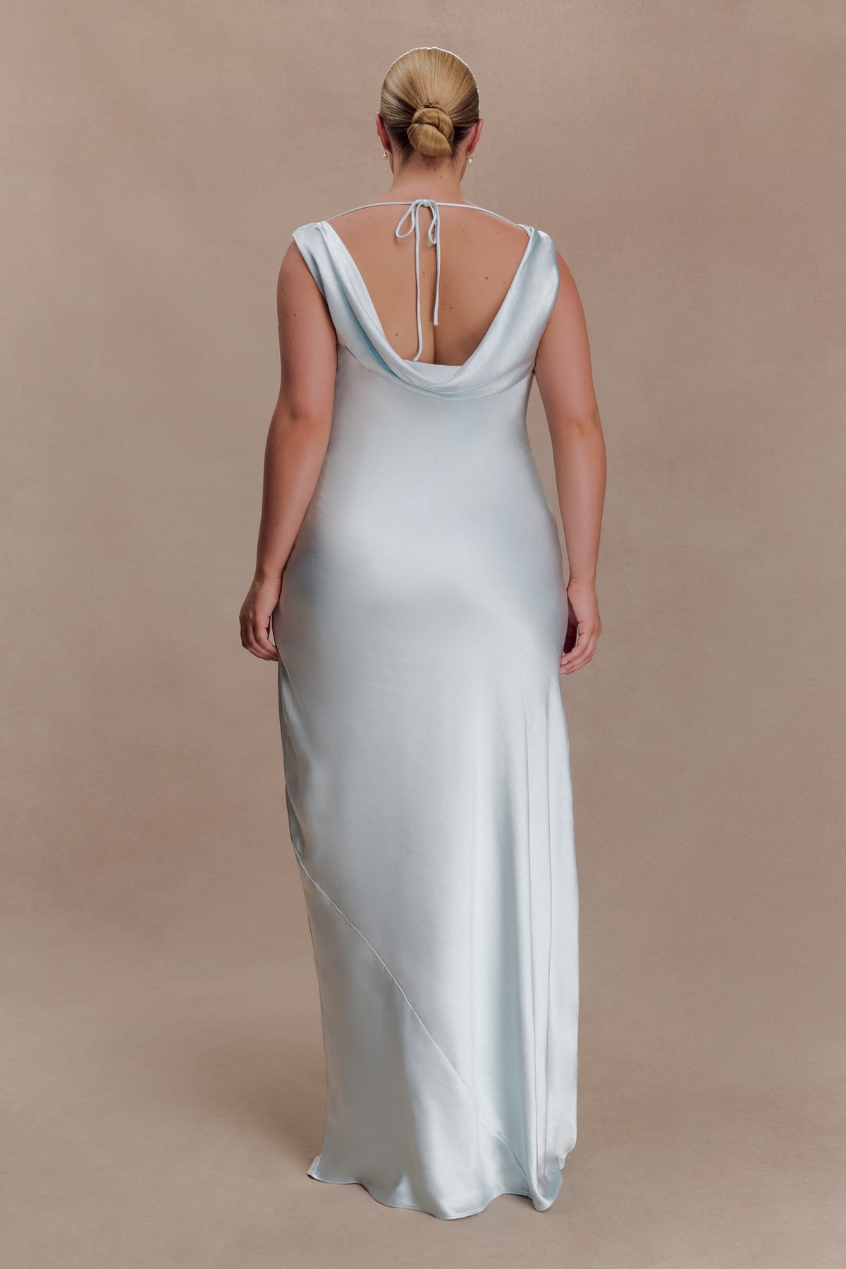 Cowl Neck Lace And Satin Maxi Dress - Ice Blue