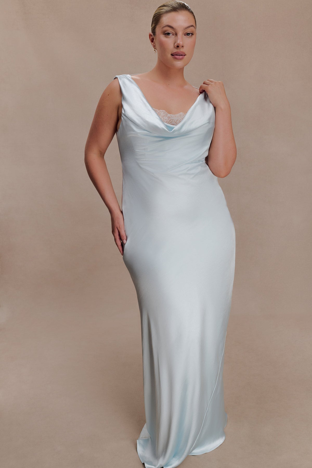 Cowl Neck Lace And Satin Maxi Dress - Ice Blue