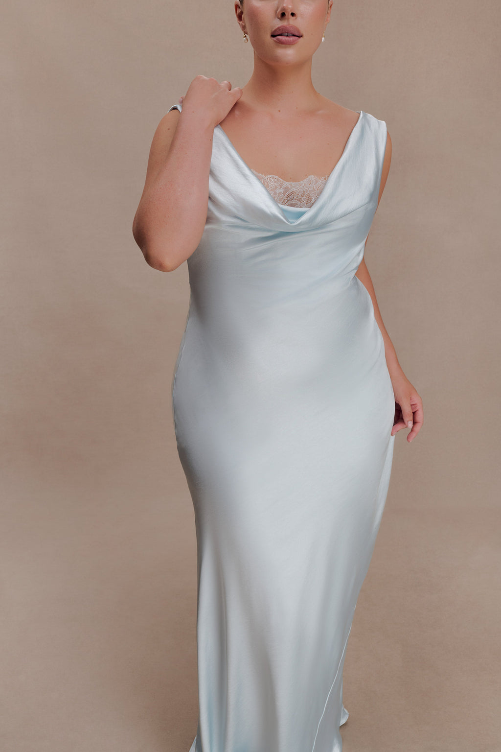 Cowl Neck Lace And Satin Maxi Dress - Ice Blue