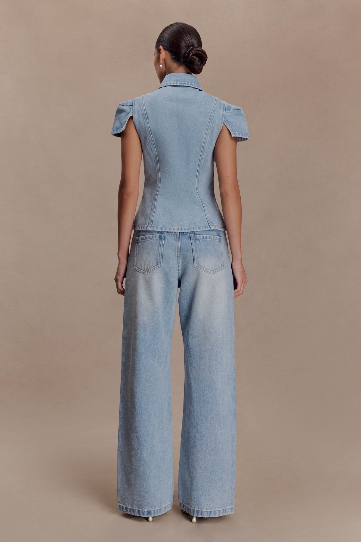 Mid Rise Straight Leg Tie Jeans - Washed Light Blue
