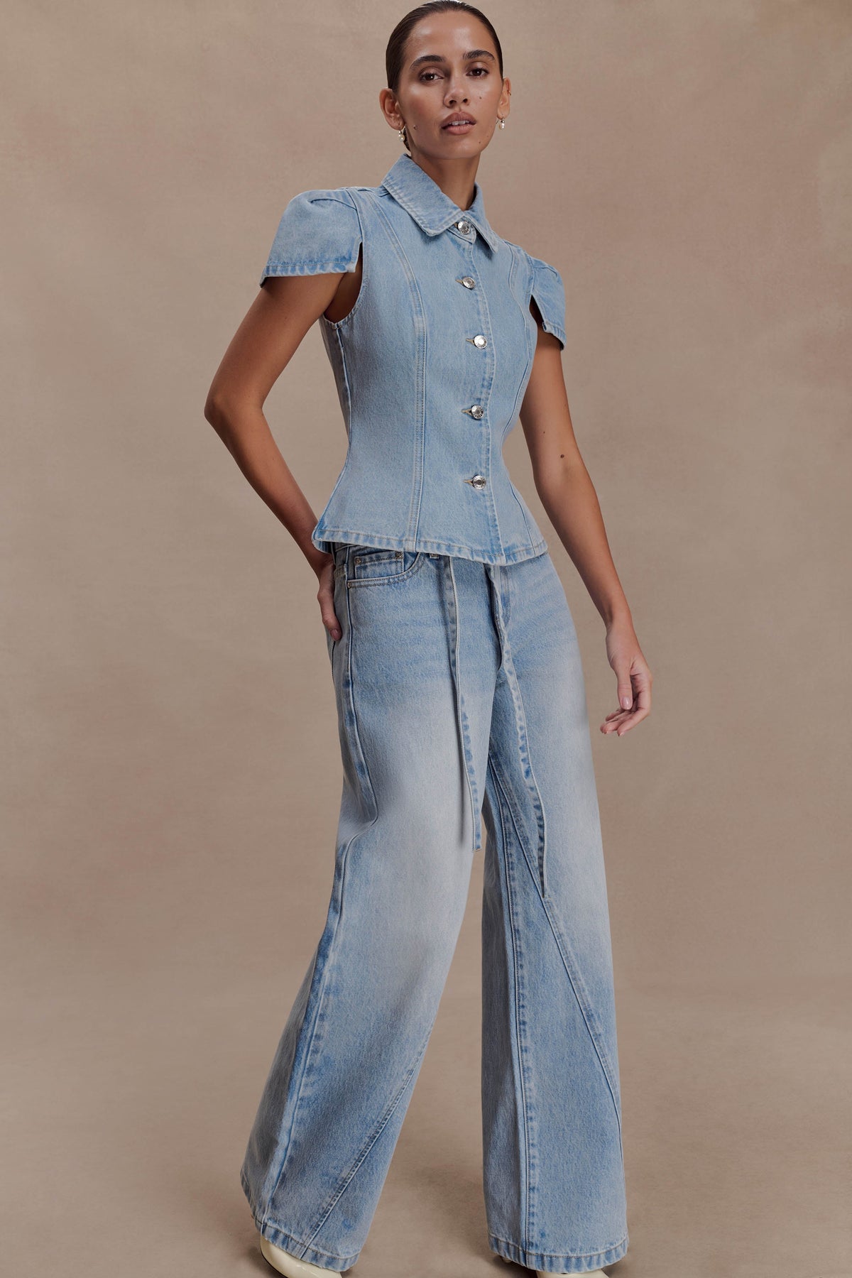 Mid Rise Straight Leg Tie Jeans - Washed Light Blue