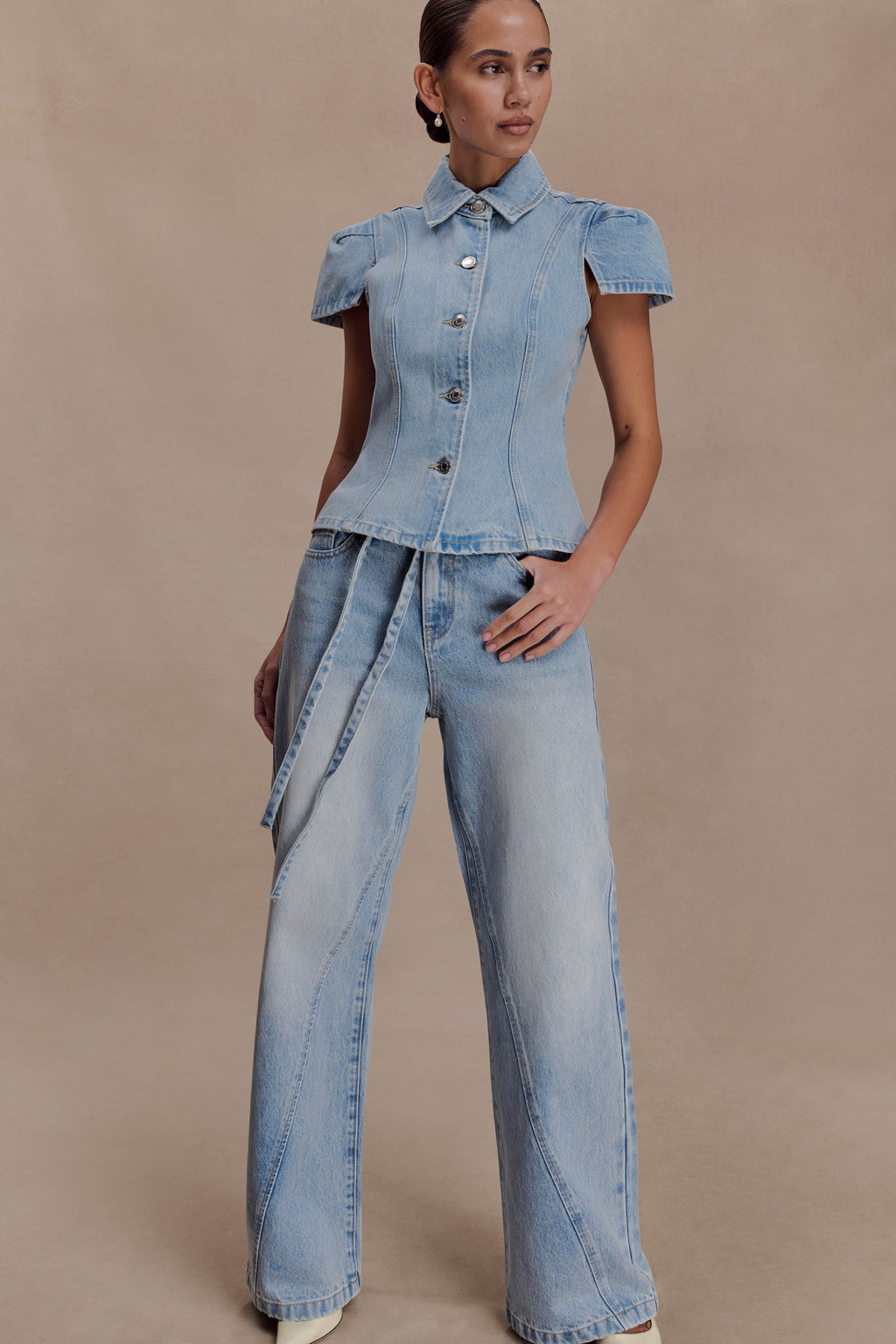 Mid Rise Straight Leg Tie Jeans - Washed Light Blue