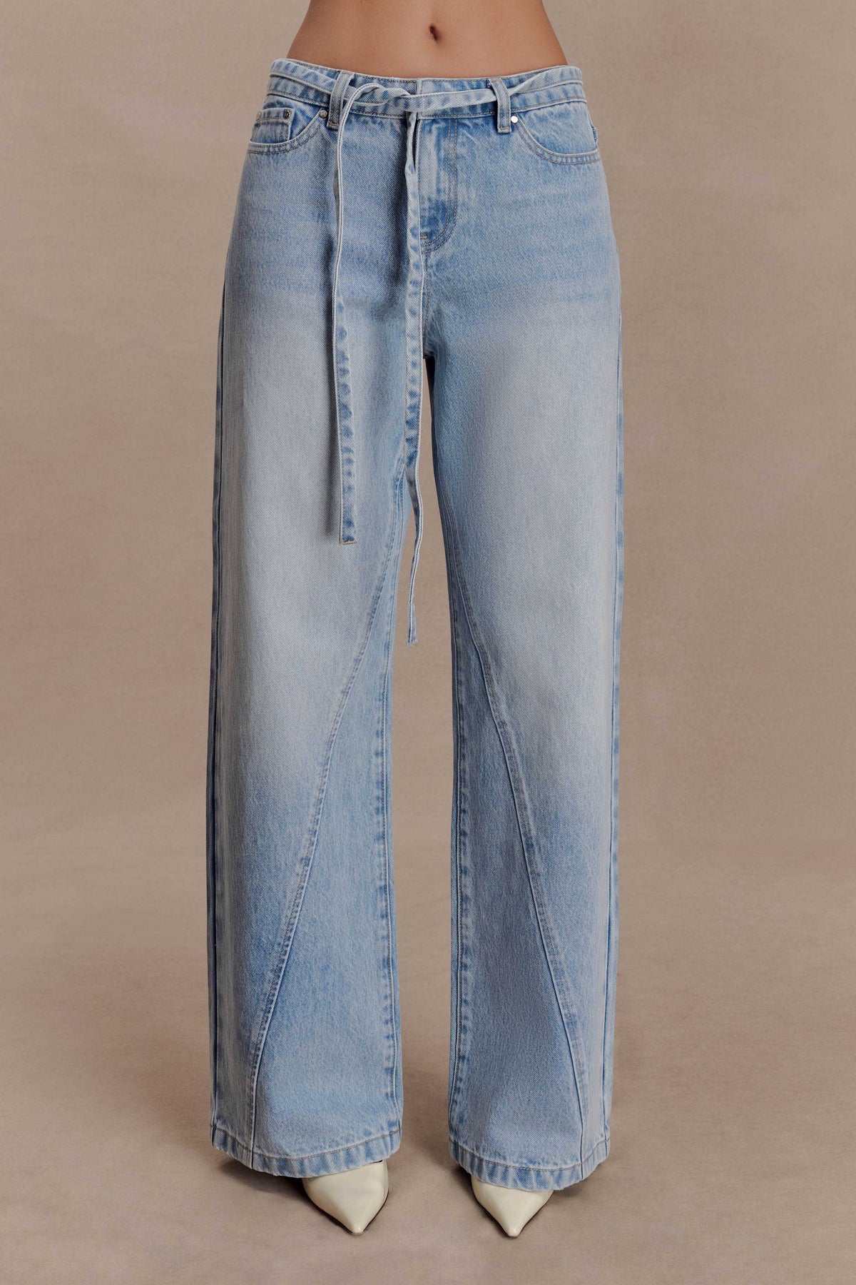 Mid Rise Straight Leg Tie Jeans - Washed Light Blue