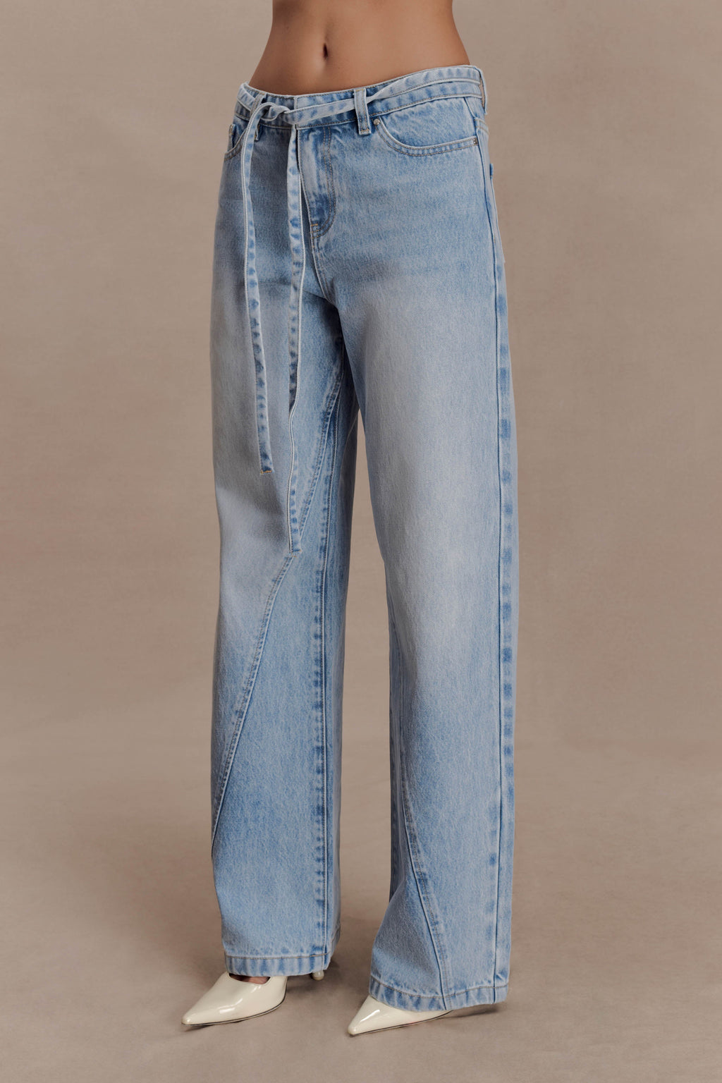 Mid Rise Straight Leg Tie Jeans - Washed Light Blue