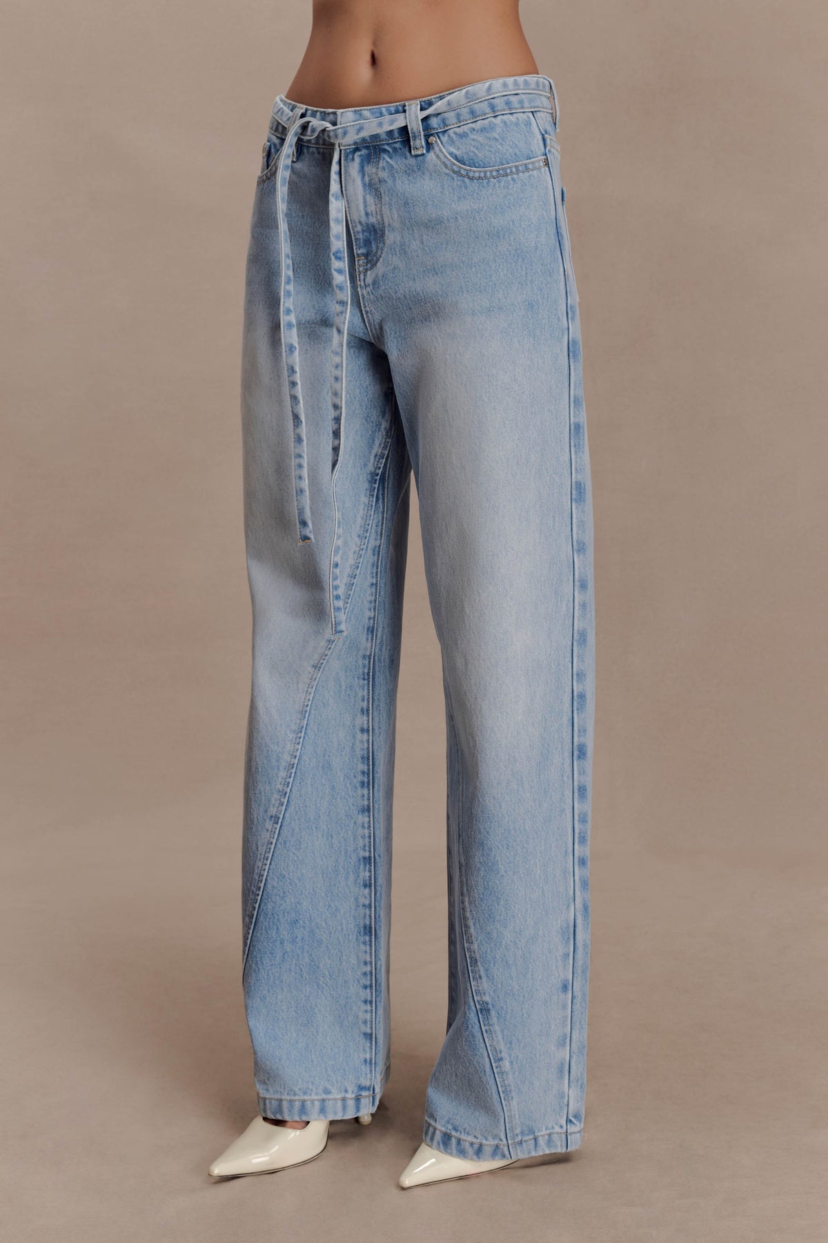 Mid Rise Straight Leg Tie Jeans - Washed Light Blue