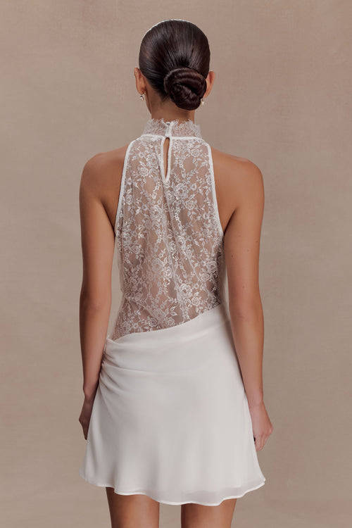 Chiffon And Lace Halter Mini Dress - White
