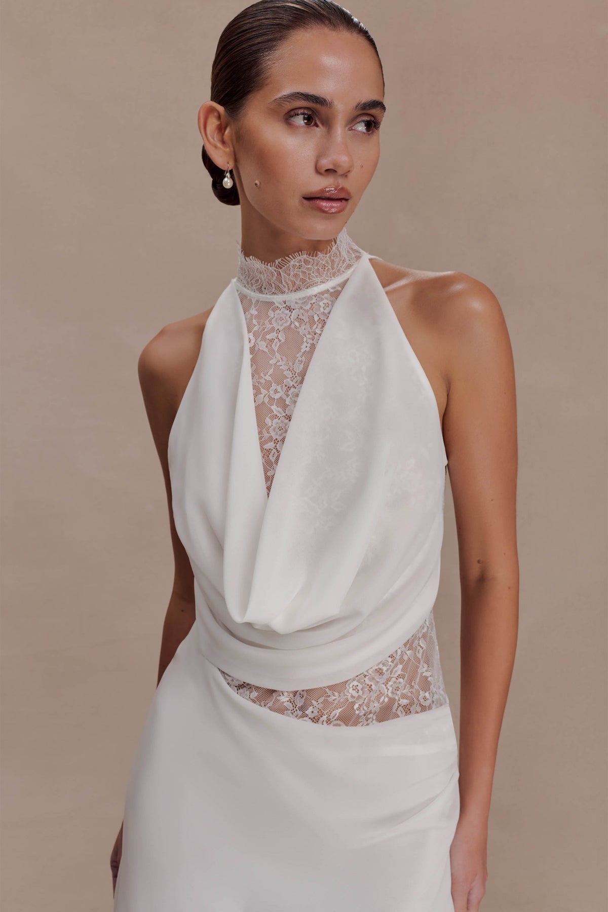 Chiffon And Lace Halter Mini Dress - White