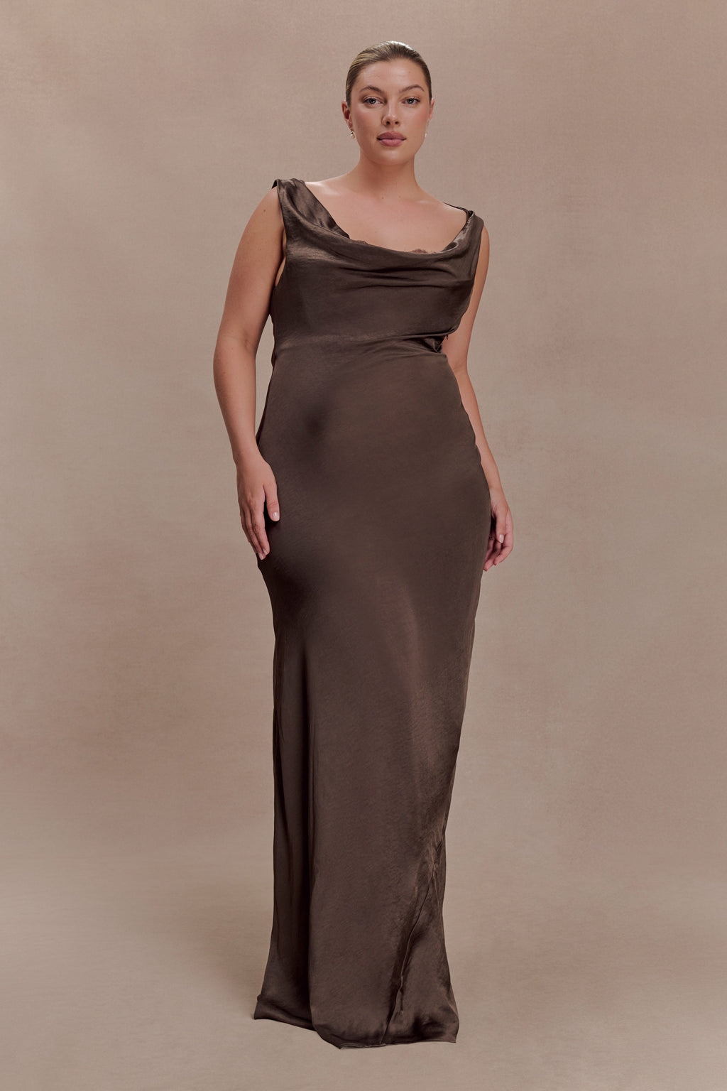 Cowl Neck Lace And Satin Maxi Dress - Mocha