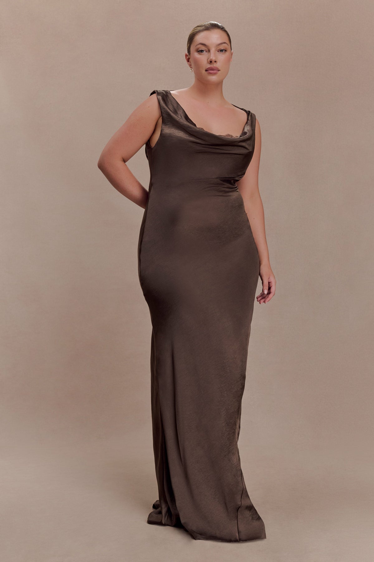 Cowl Neck Lace And Satin Maxi Dress - Mocha