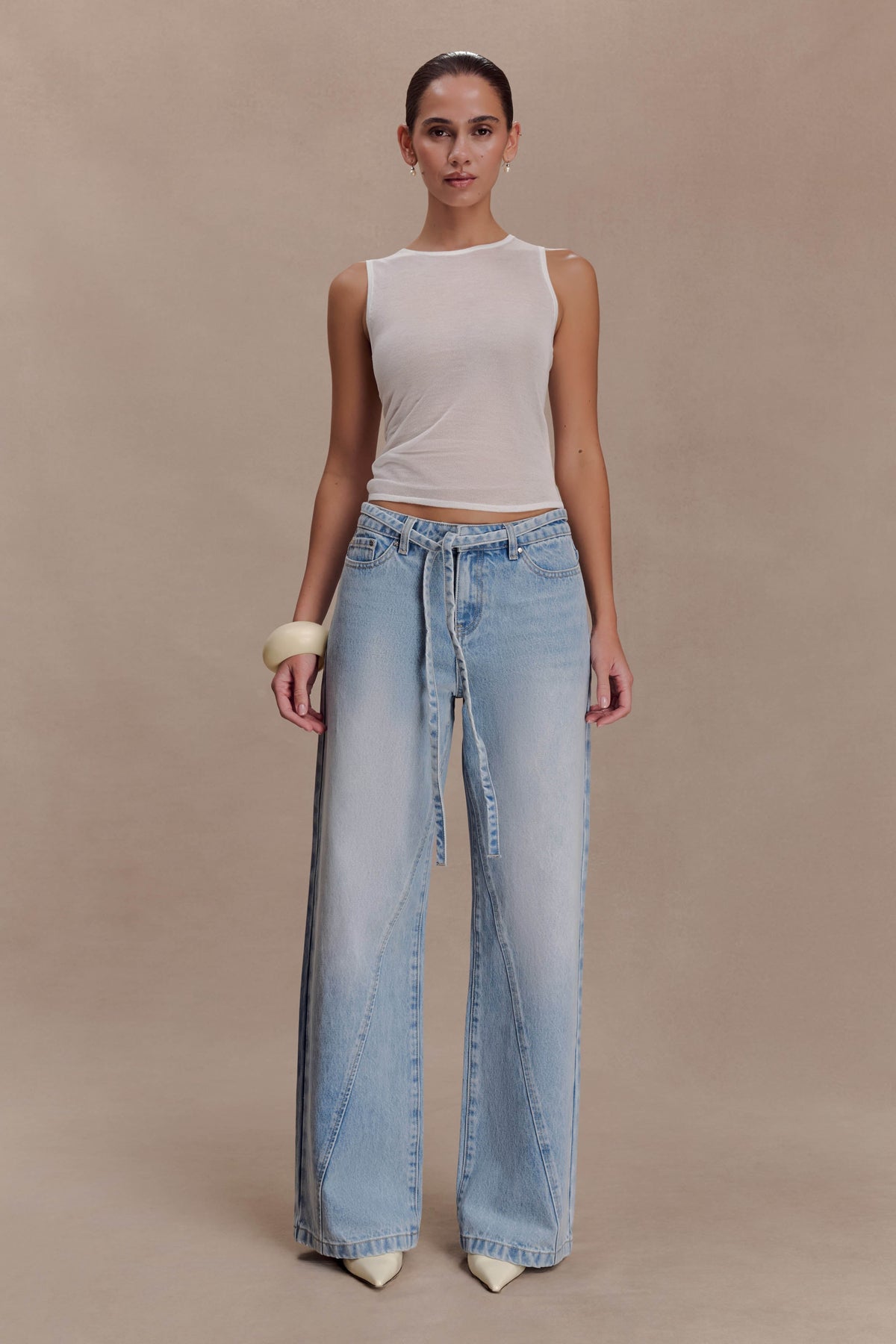 Mid Rise Straight Leg Tie Jeans - Washed Light Blue