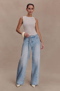 Mid Rise Straight Leg Tie Jeans - Washed Light Blue