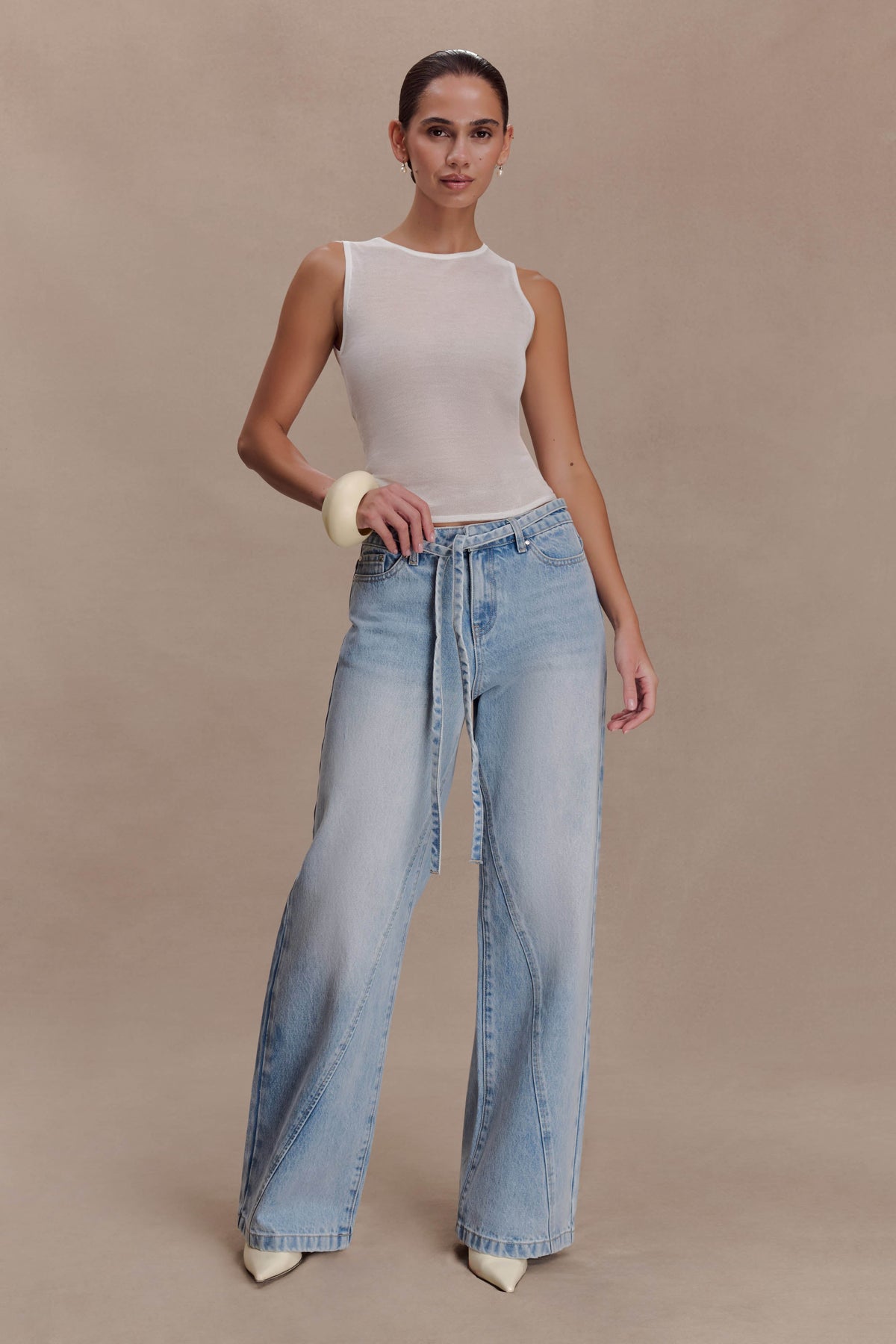 Mid Rise Straight Leg Tie Jeans - Washed Light Blue