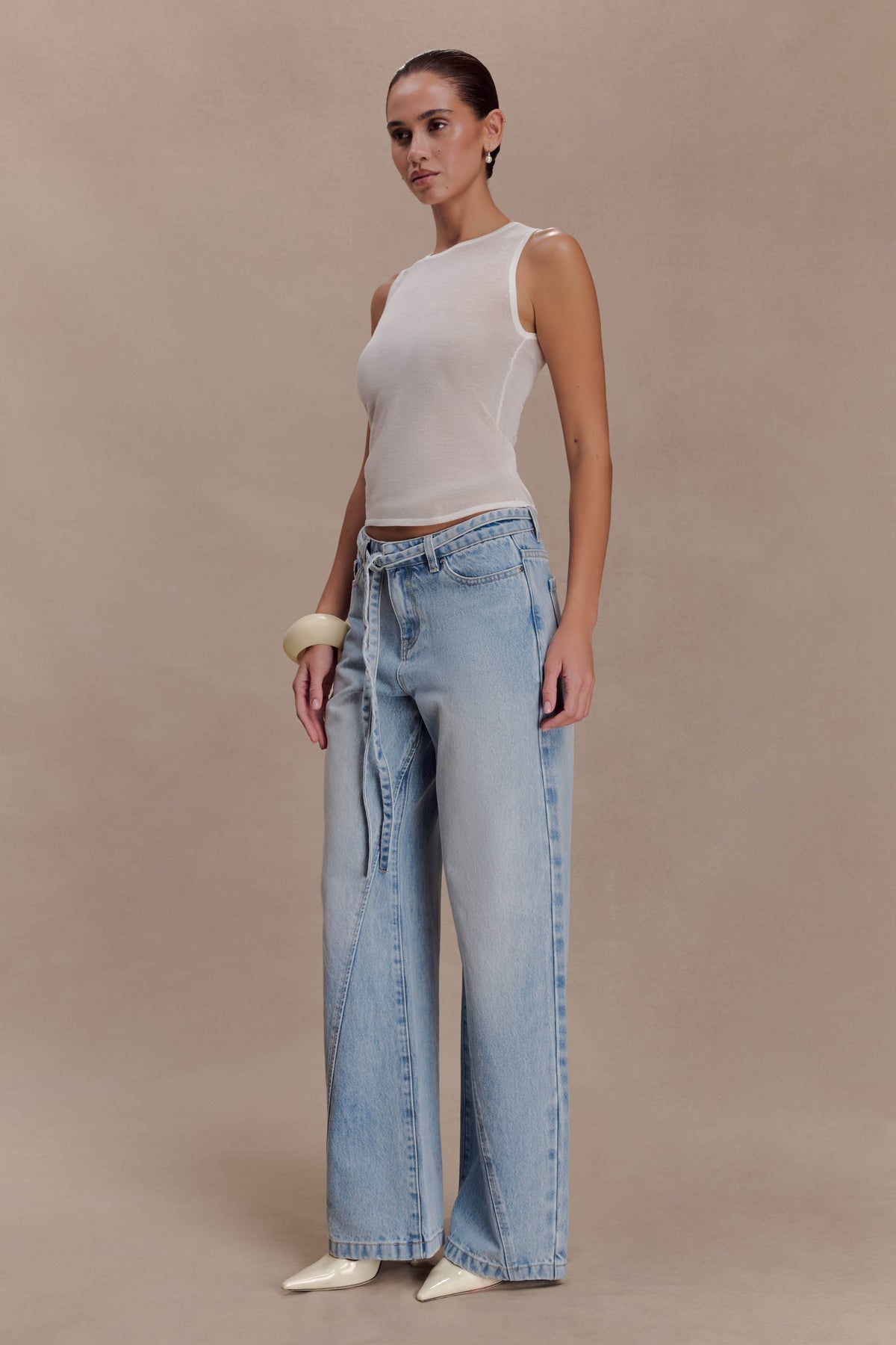 Mid Rise Straight Leg Tie Jeans - Washed Light Blue