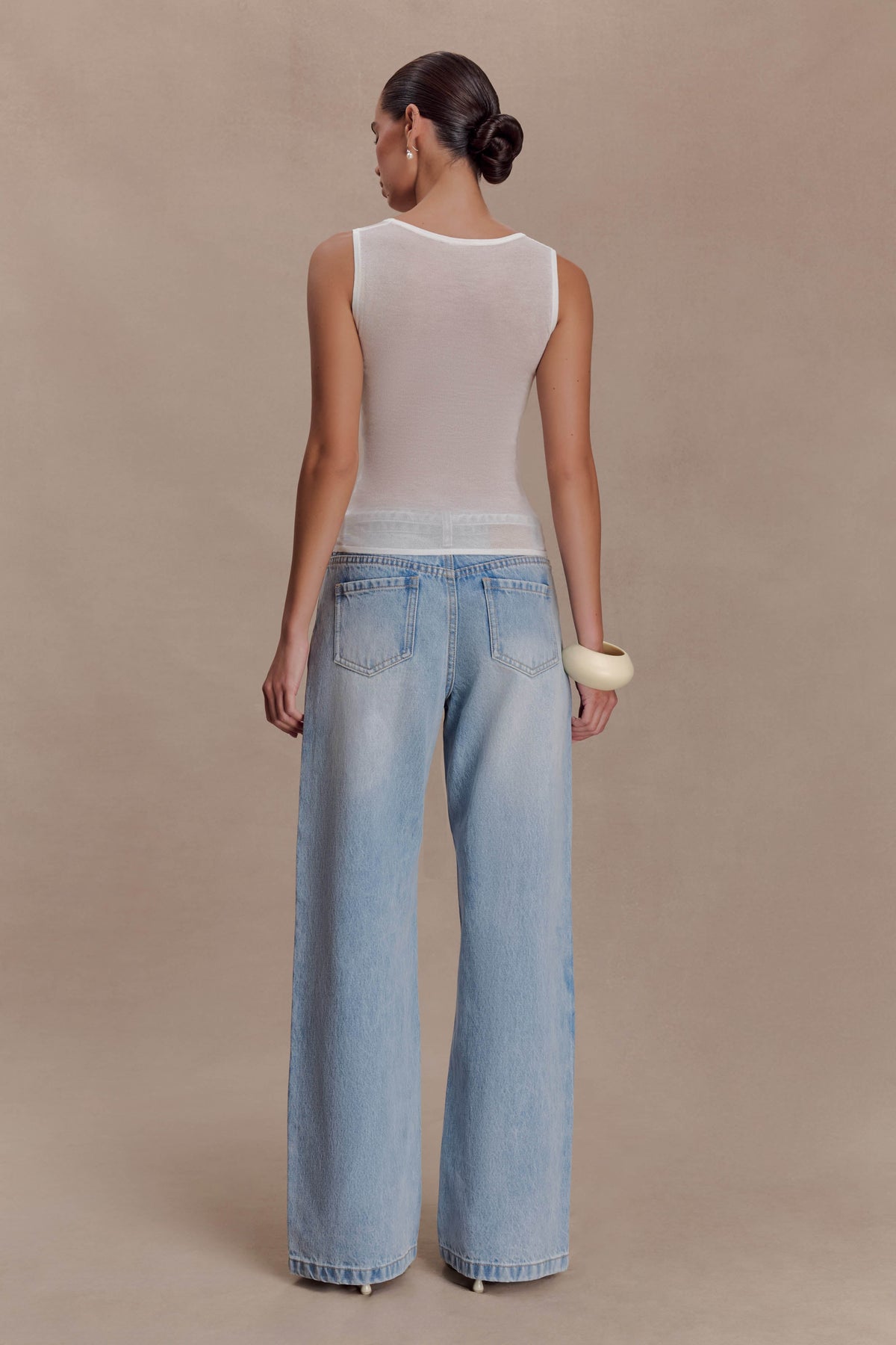 Mid Rise Straight Leg Tie Jeans - Washed Light Blue