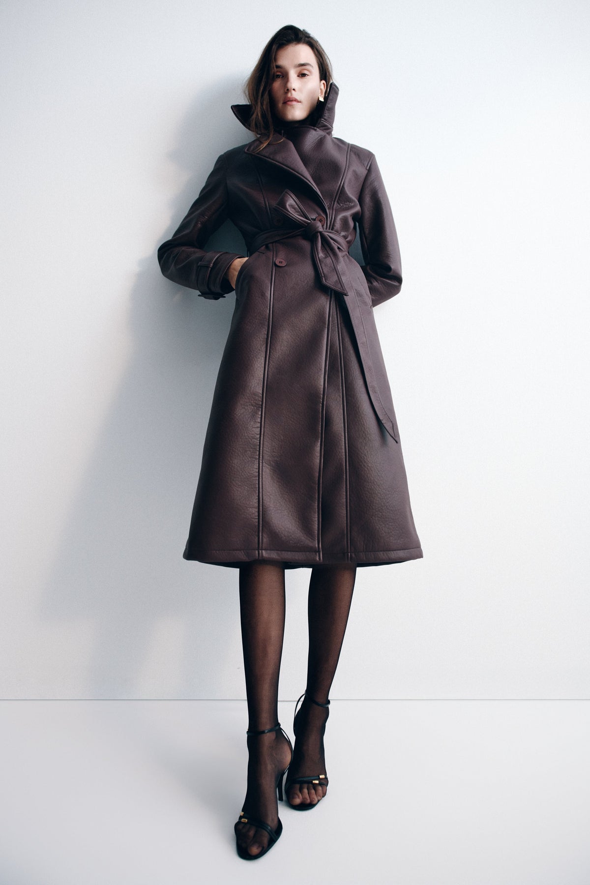 Faux Leather Trench Coat - Cacao Brown