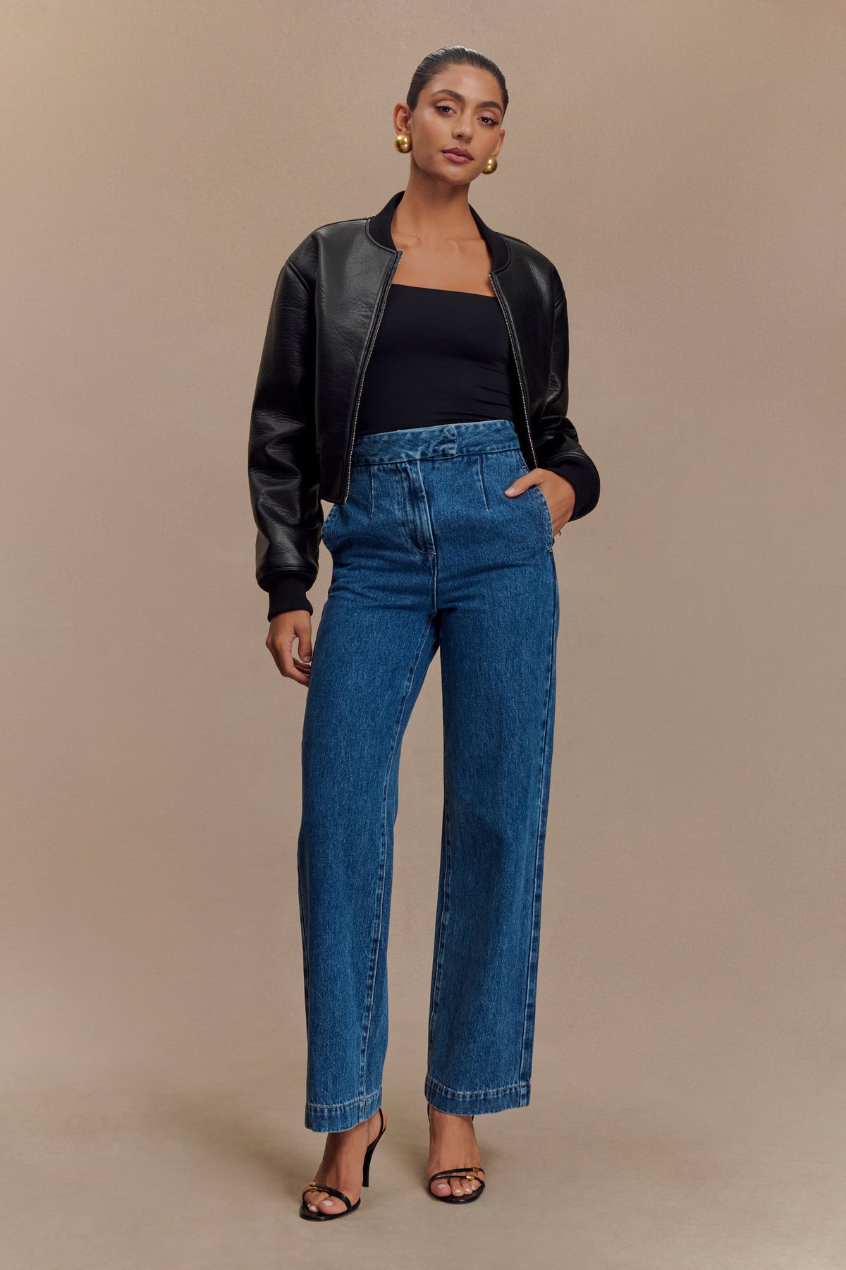 Faux Leather Bomber Jacket - Black