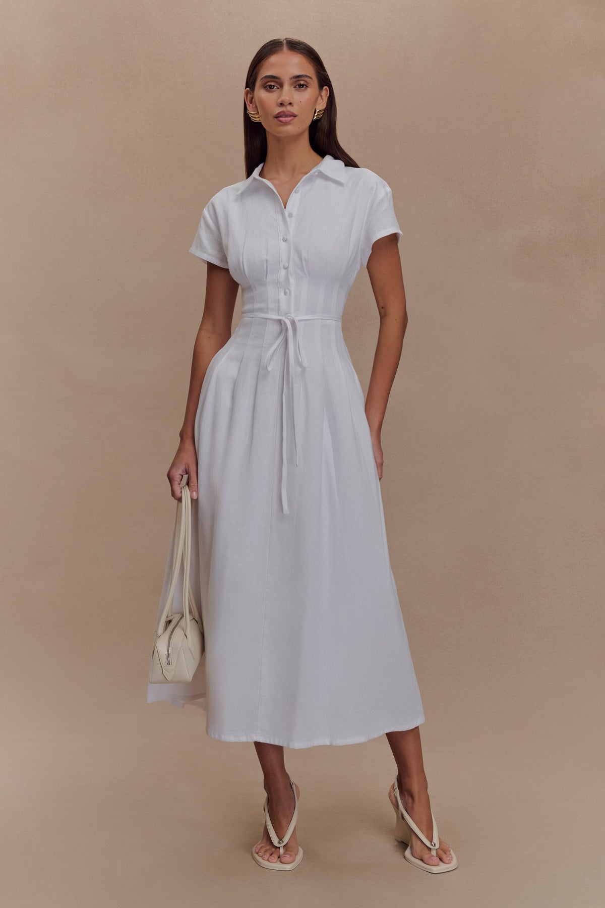 Buttoned Linen Midi Dress - White