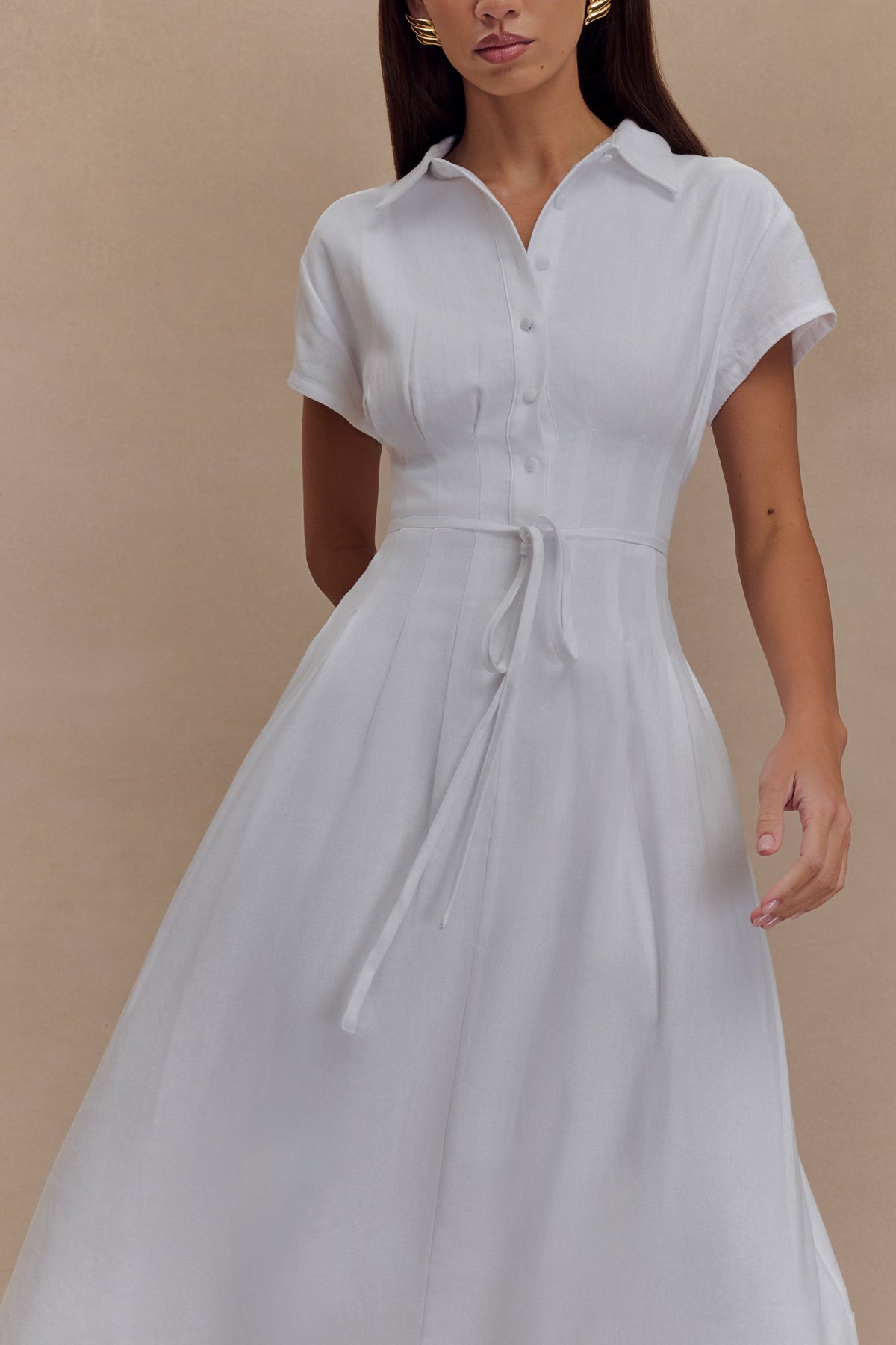 Buttoned Linen Midi Dress - White
