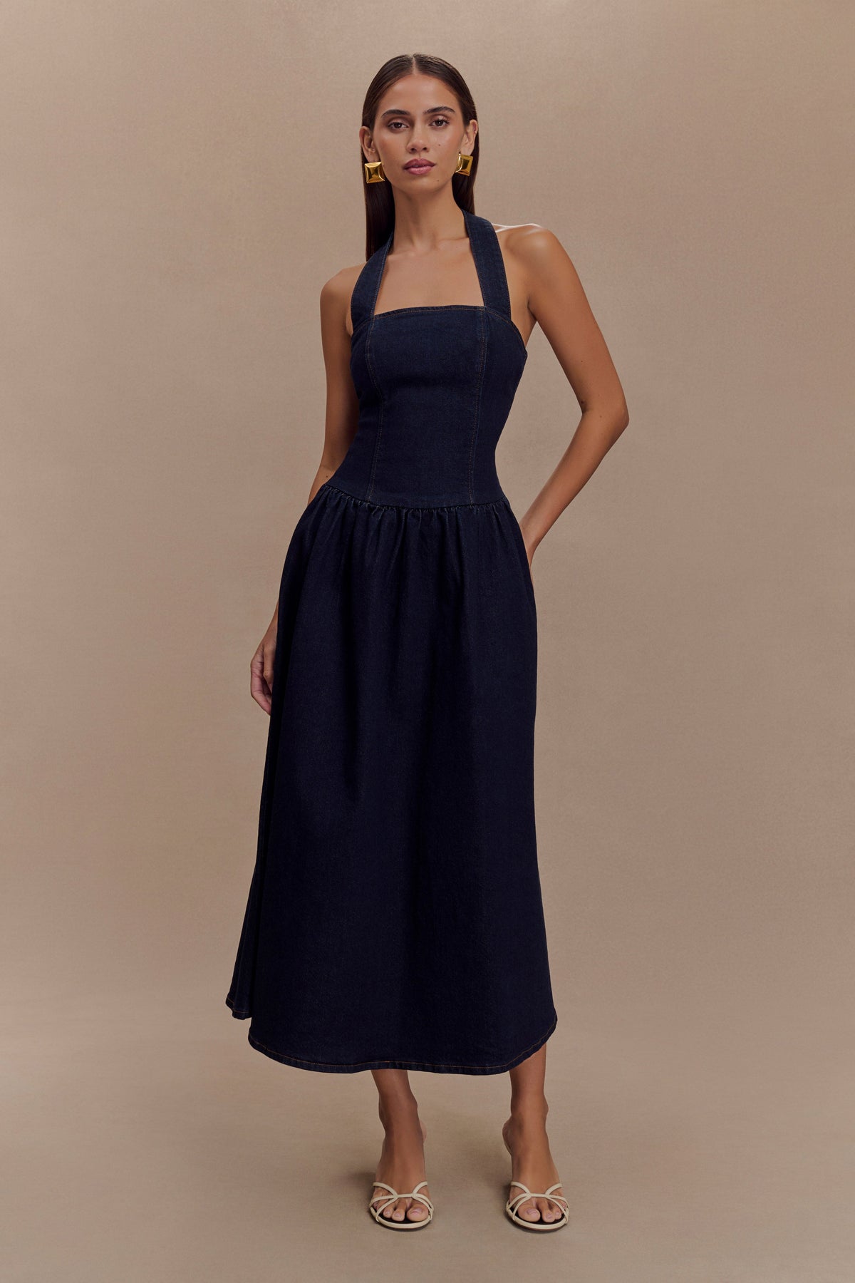 Denim Halter Midi Dress - Indigo Blue