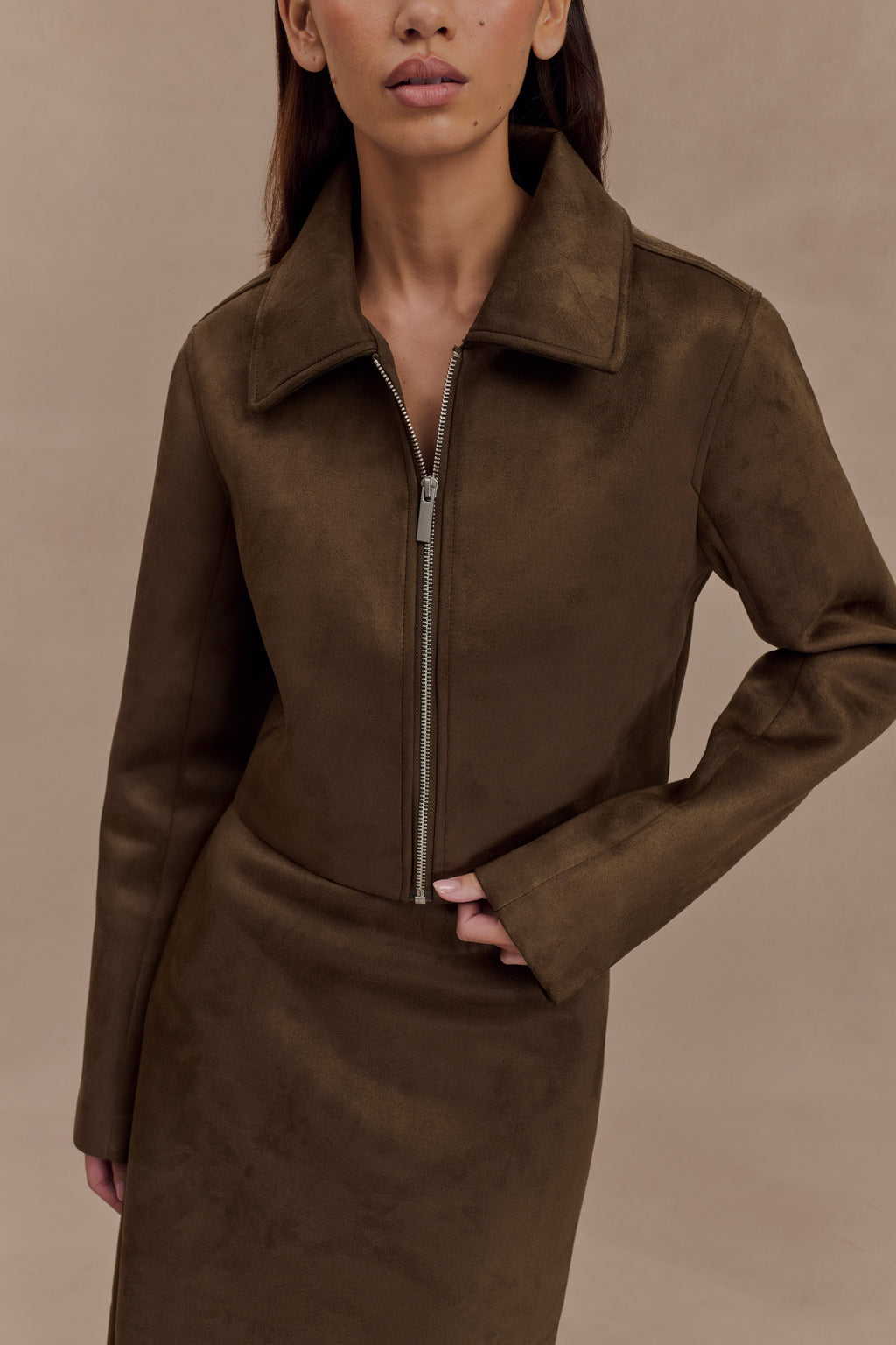 Faux Suede Collared Jacket - Chocolate