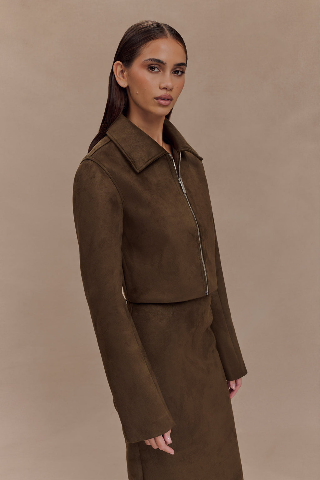 Faux Suede Collared Jacket - Chocolate