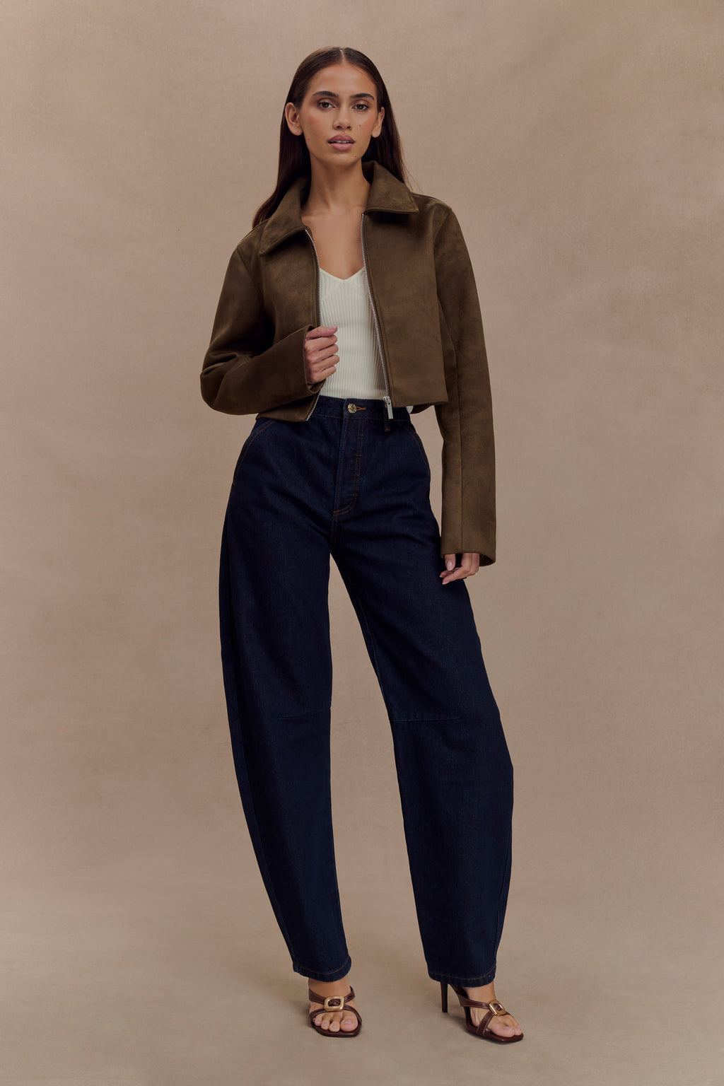 Faux Suede Collared Jacket - Chocolate