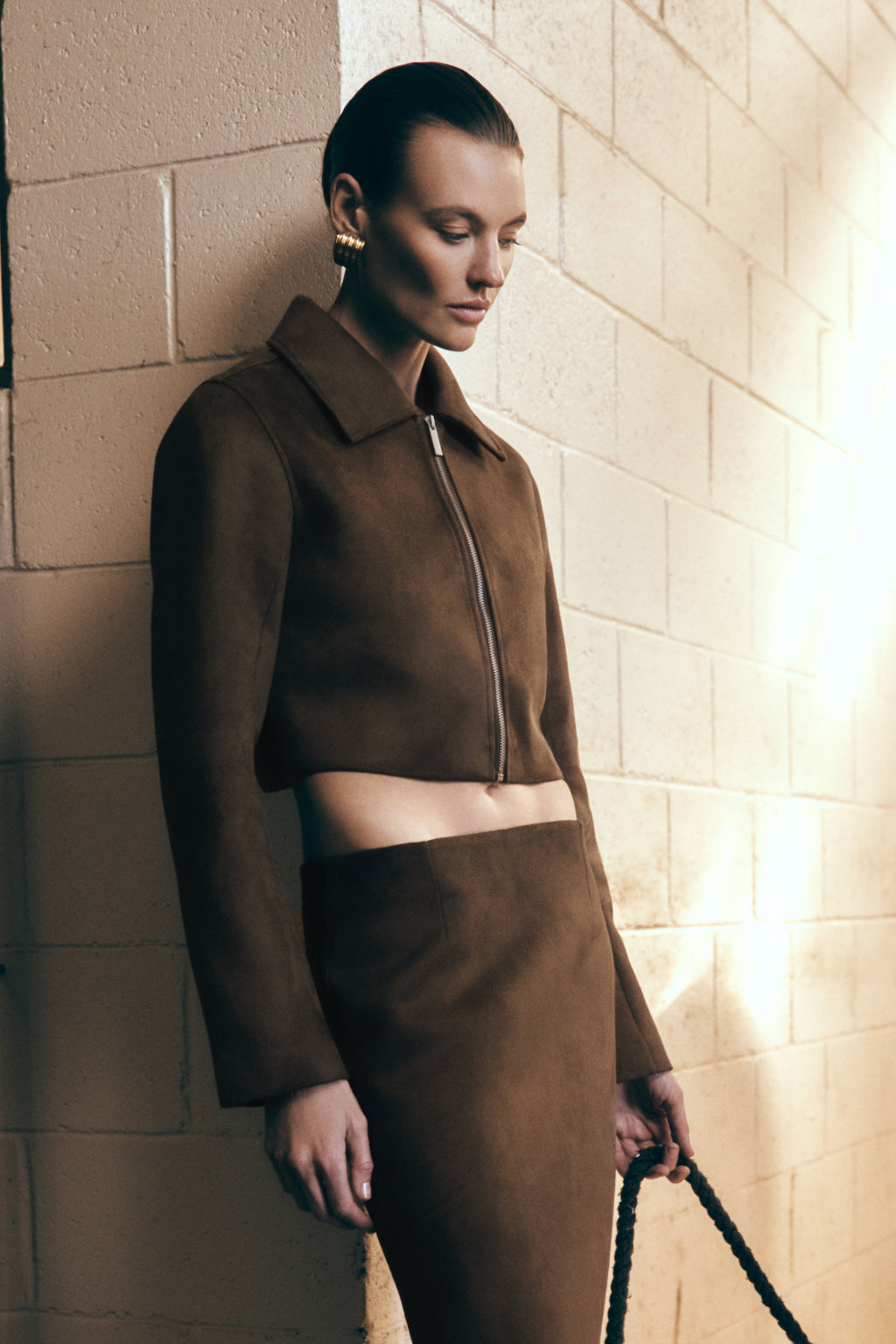 Faux Suede Collared Jacket - Chocolate
