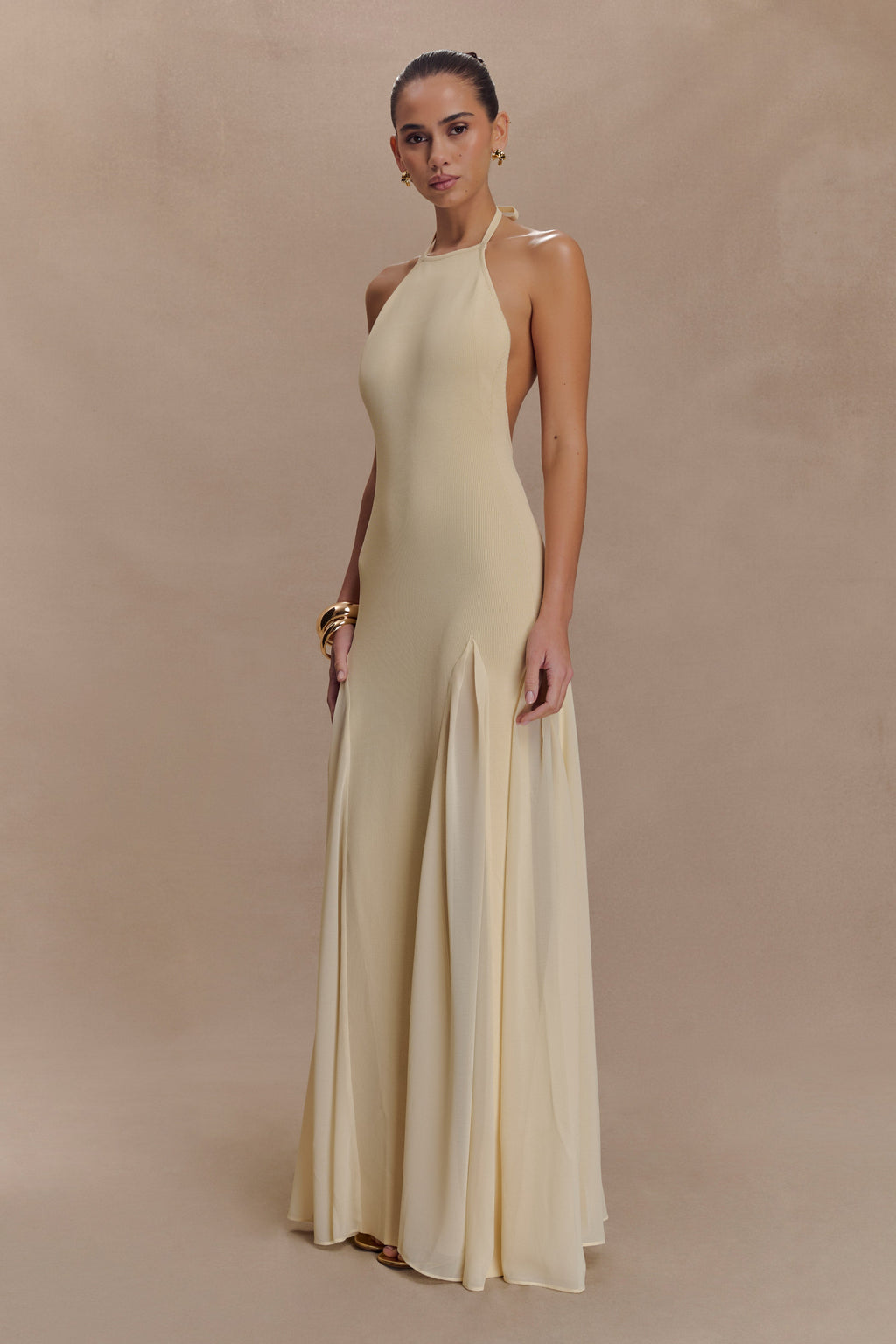 Knit And Mesh Halter Maxi Dress - Cream