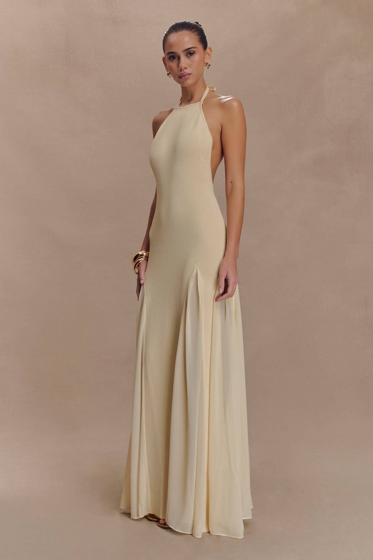 Knit And Mesh Halter Maxi Dress - Cream