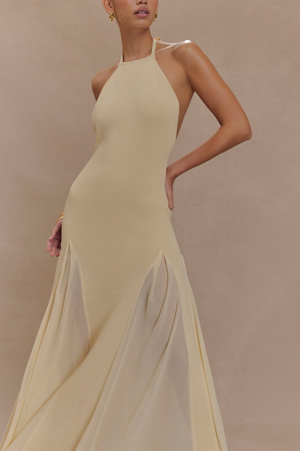 Knit And Mesh Halter Maxi Dress - Cream