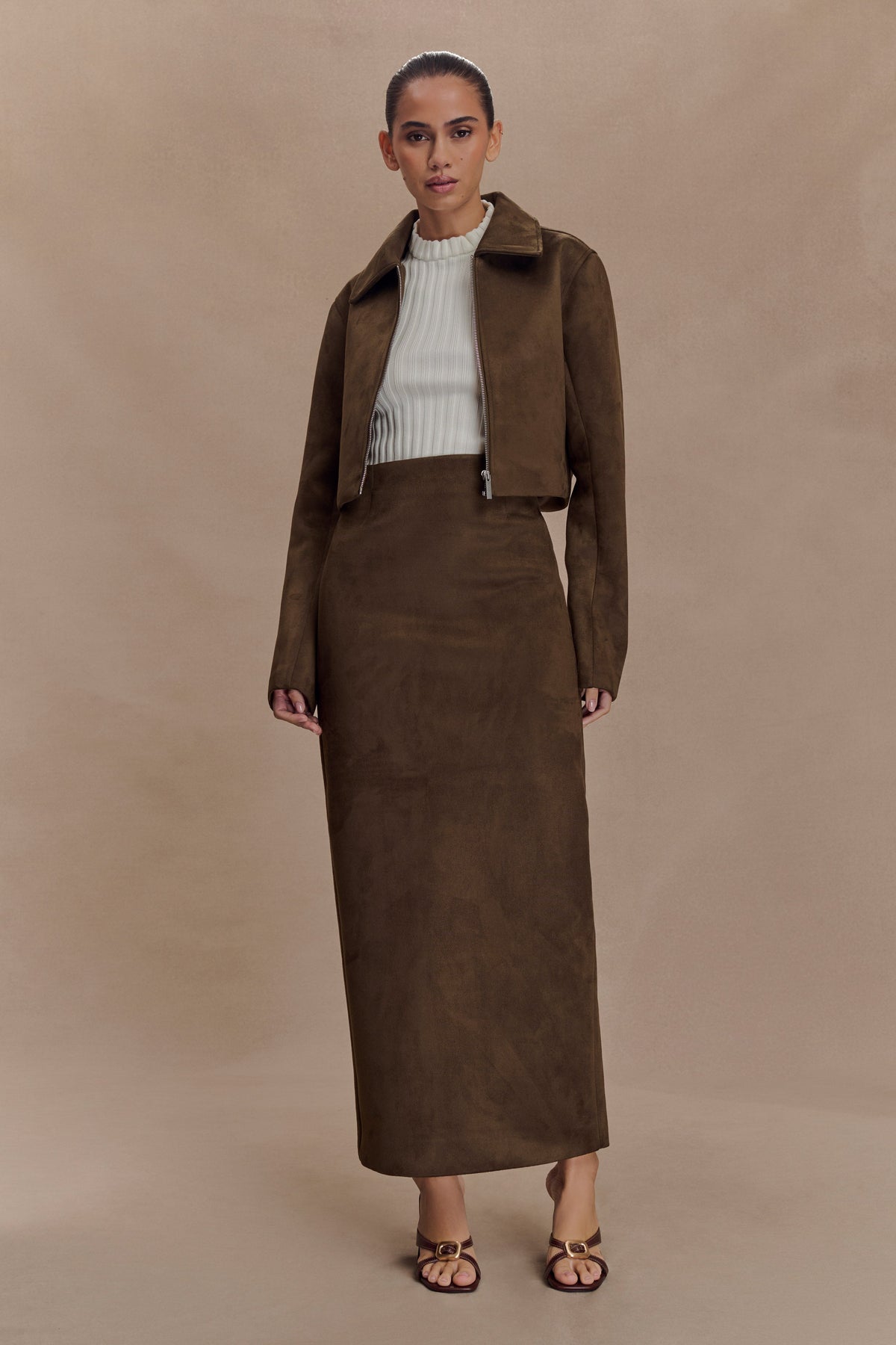 Faux Suede Collared Jacket - Chocolate