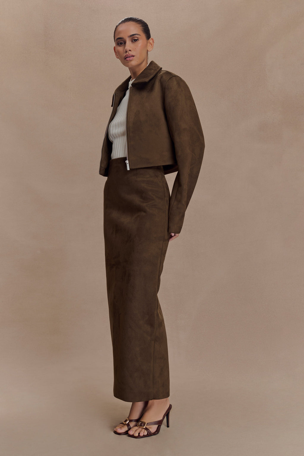 Faux Suede Collared Jacket - Chocolate