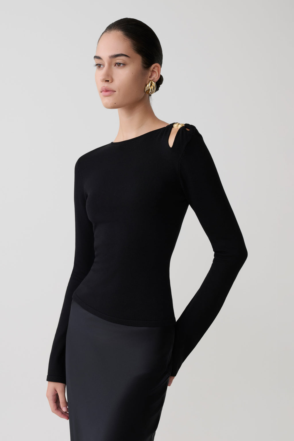 Knit Long Sleeve Longline Top - Black