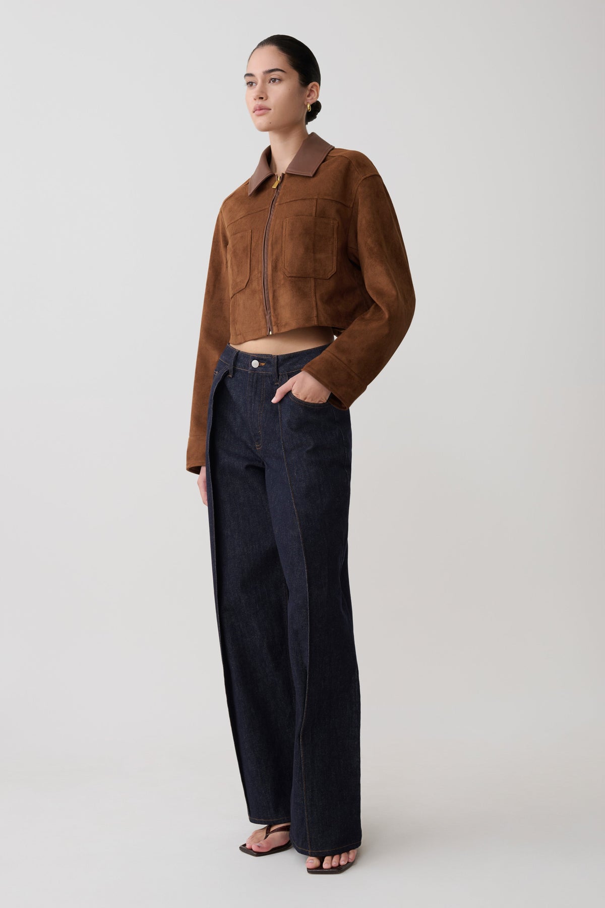 Faux Suede & Leather Collared Jacket - Tan