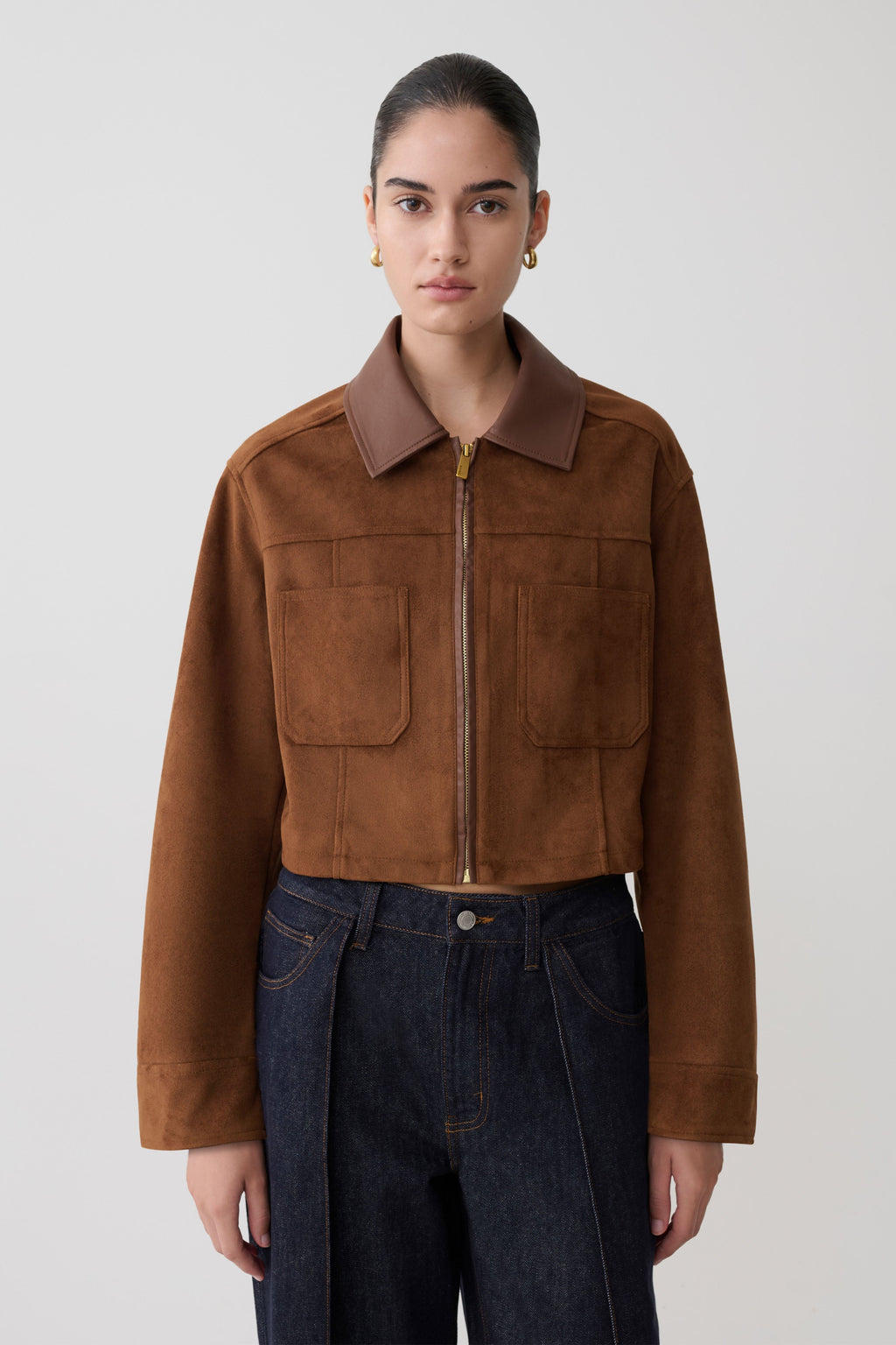 Faux Suede & Leather Collared Jacket - Tan