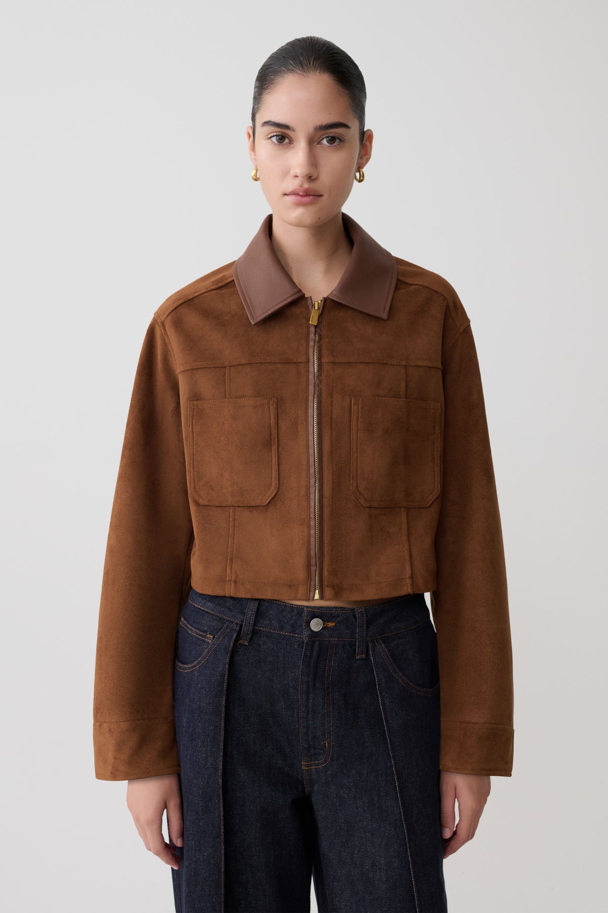 Faux Suede & Leather Collared Jacket - Tan