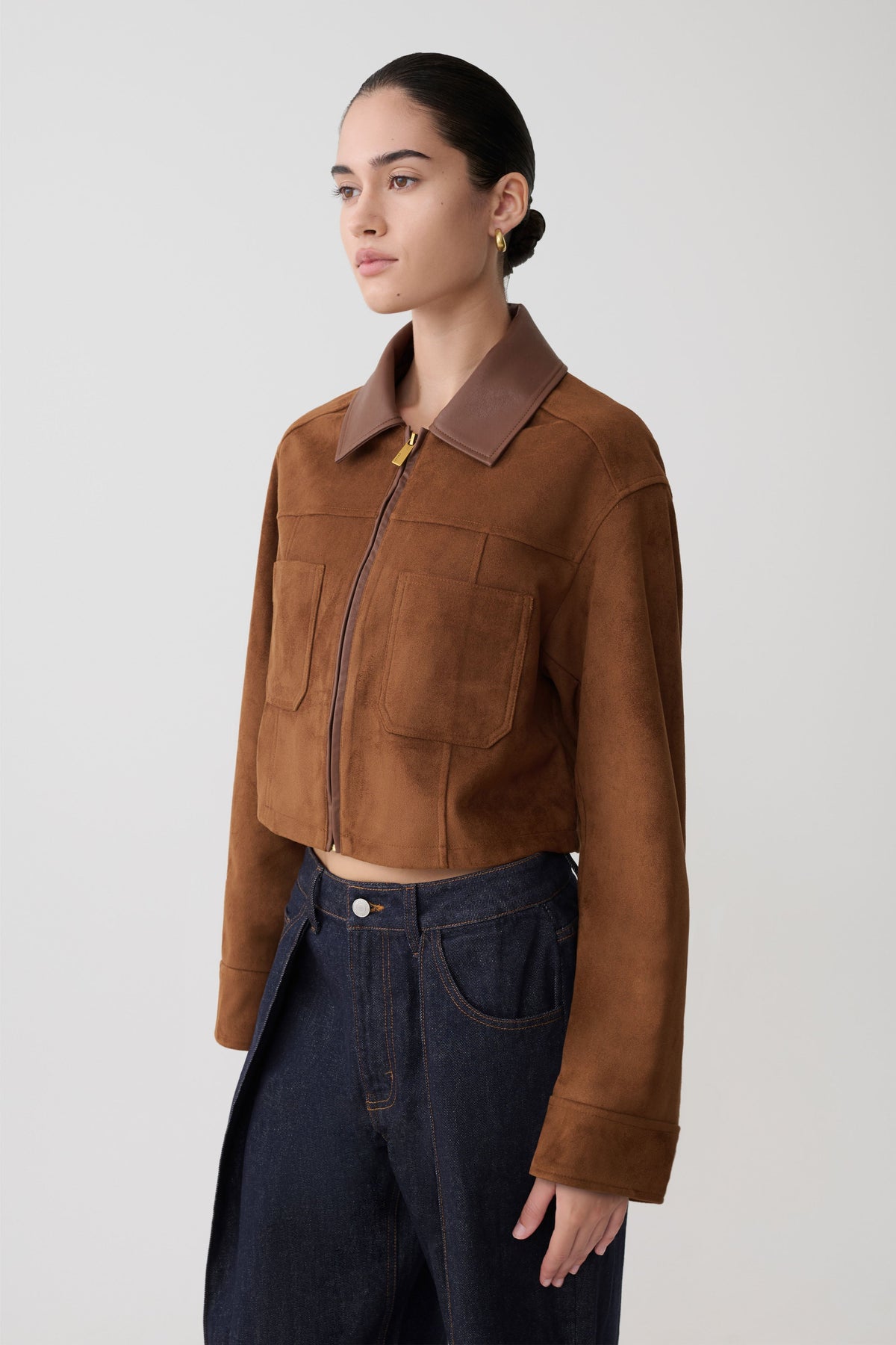 Faux Suede & Leather Collared Jacket - Tan