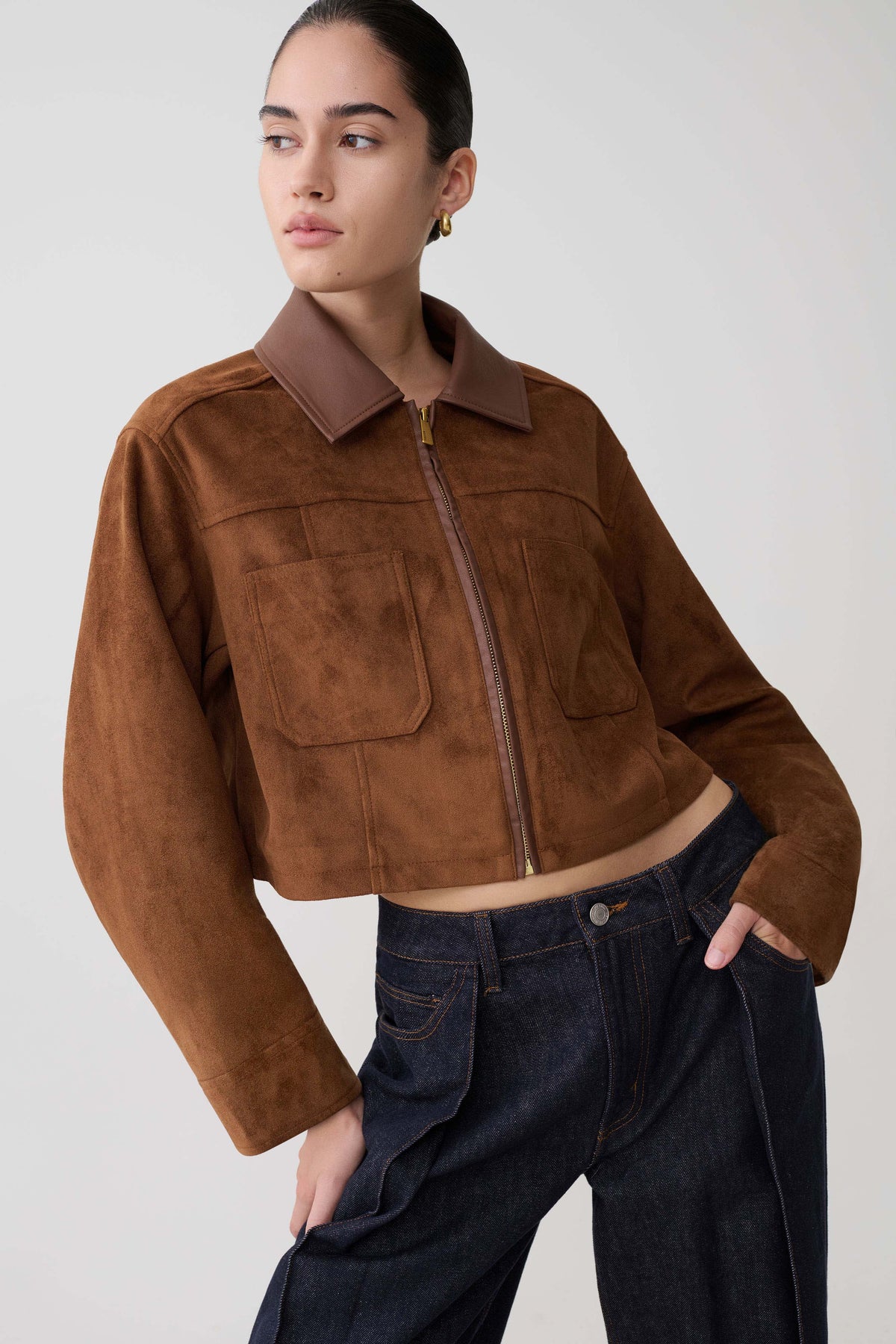 Faux Suede & Leather Collared Jacket - Tan