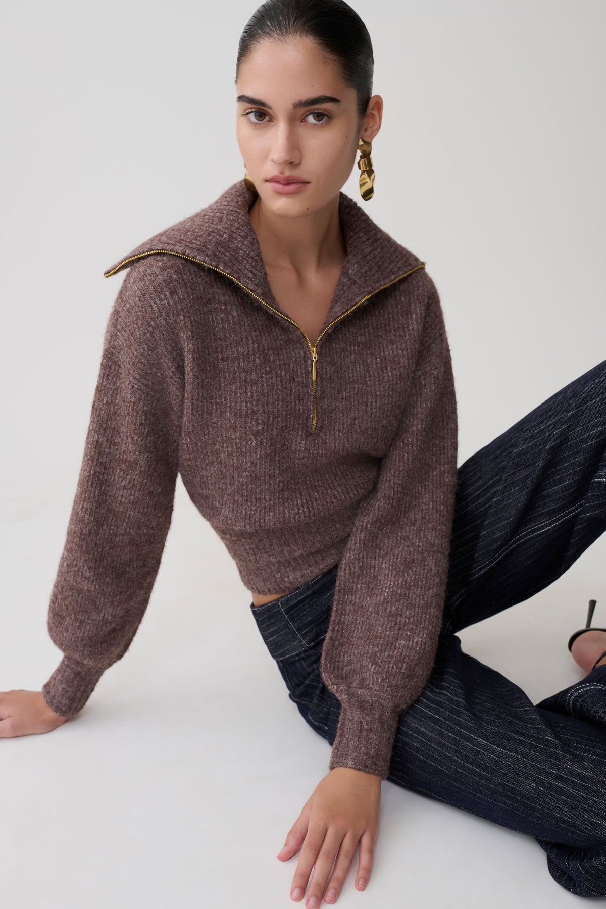 Zip Knit Jumper - Brown Marle